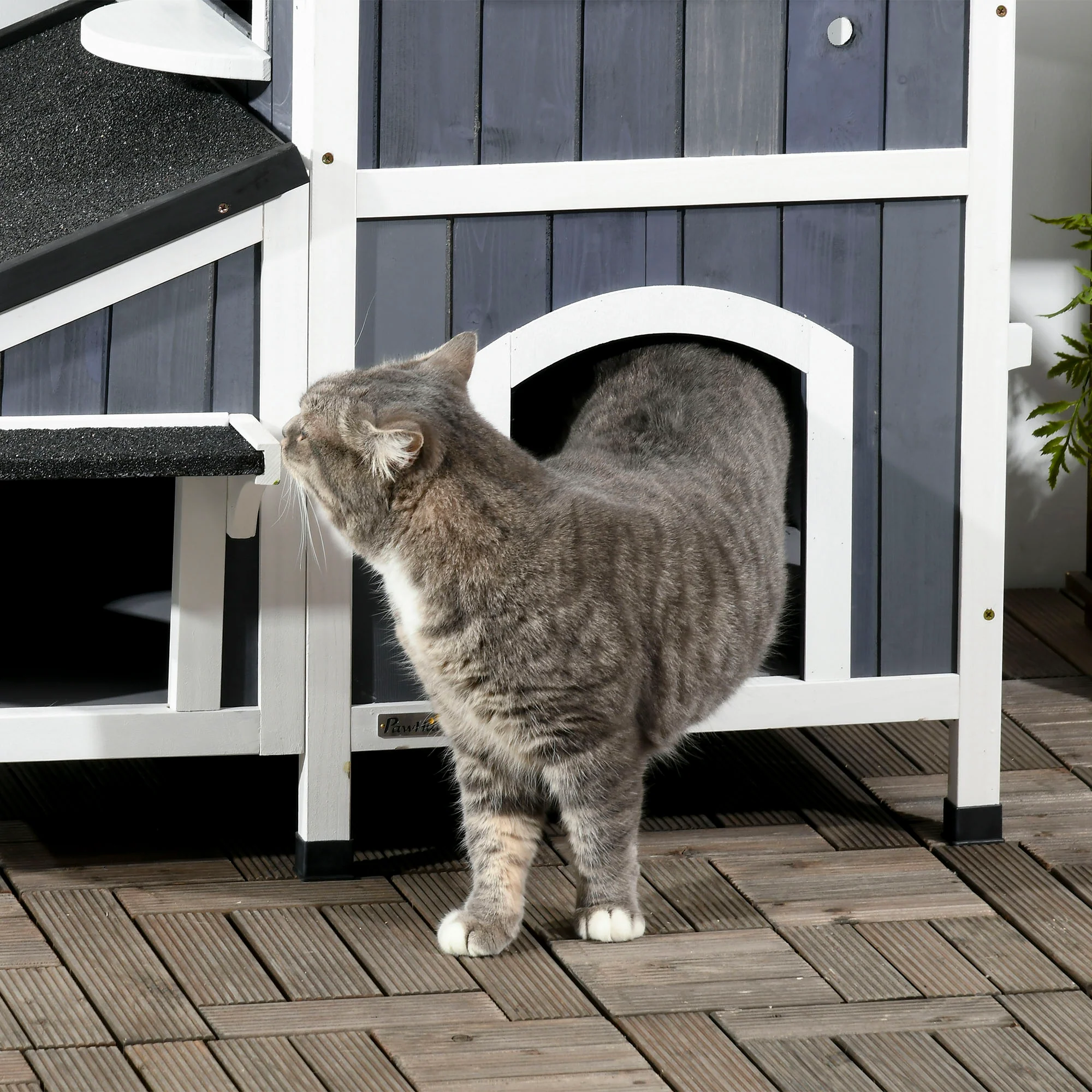 Pawhut Caseta Para Gatos De Madera De 2 Niveles Con Macetero 96x65x85,5 Cm Gris - Image 4