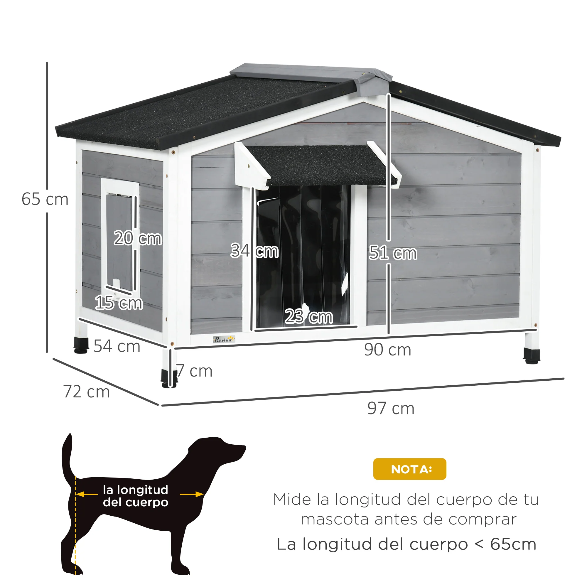 Pawhut Caseta Para Perros De Exterior Con Techo Asfáltico 97x72x65 Cm Gris - Image 3