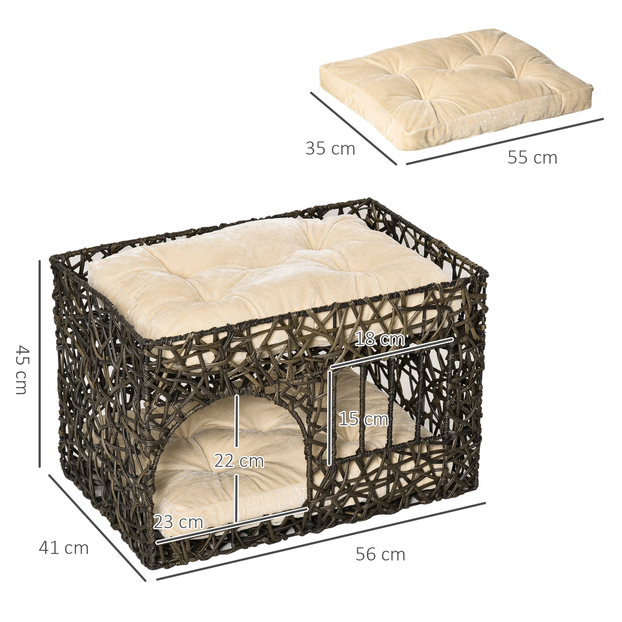 Pawhut Cesta De Ratán Para Gatos De 2 Alturas Con 2 Cojines Suaves Y Ventana - Image 3