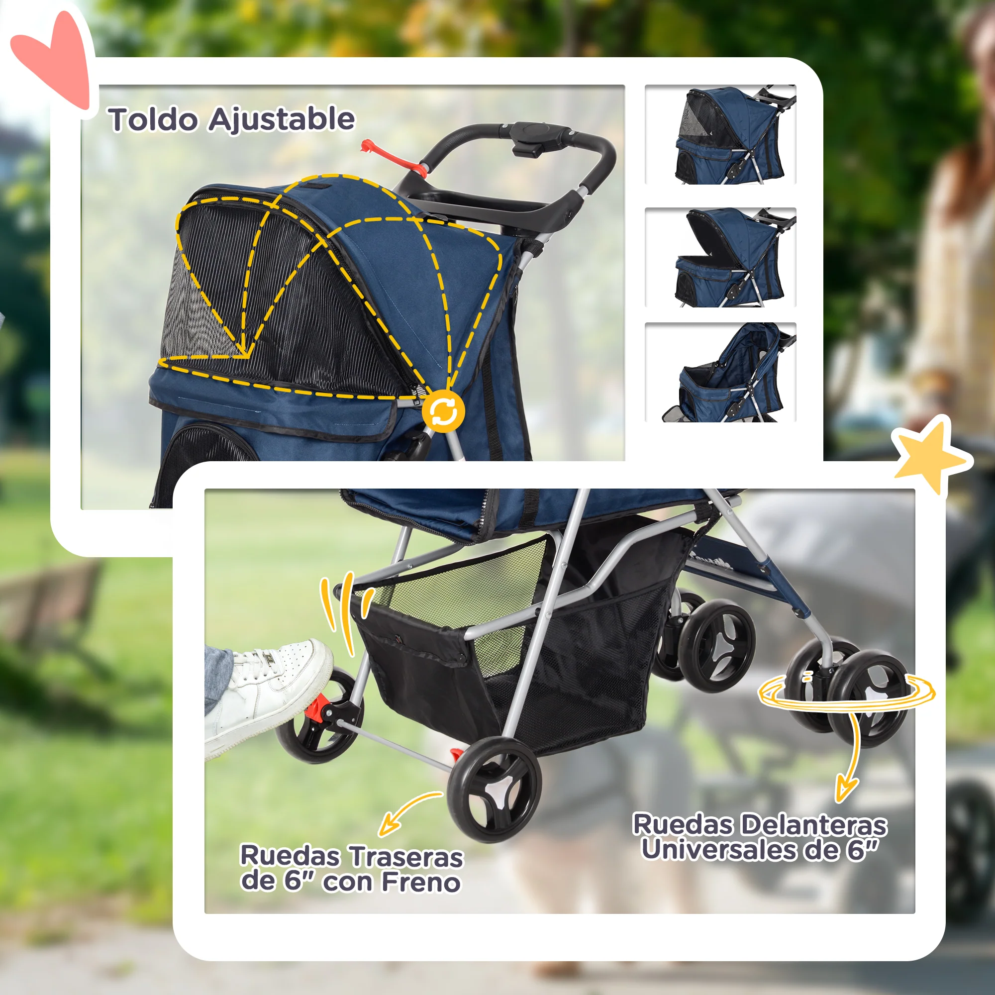 Pawhut Cochecito Mascotas Plegable Toldo Ajustable Tela Oxford 77x45x99,5cm Azul - Image 6