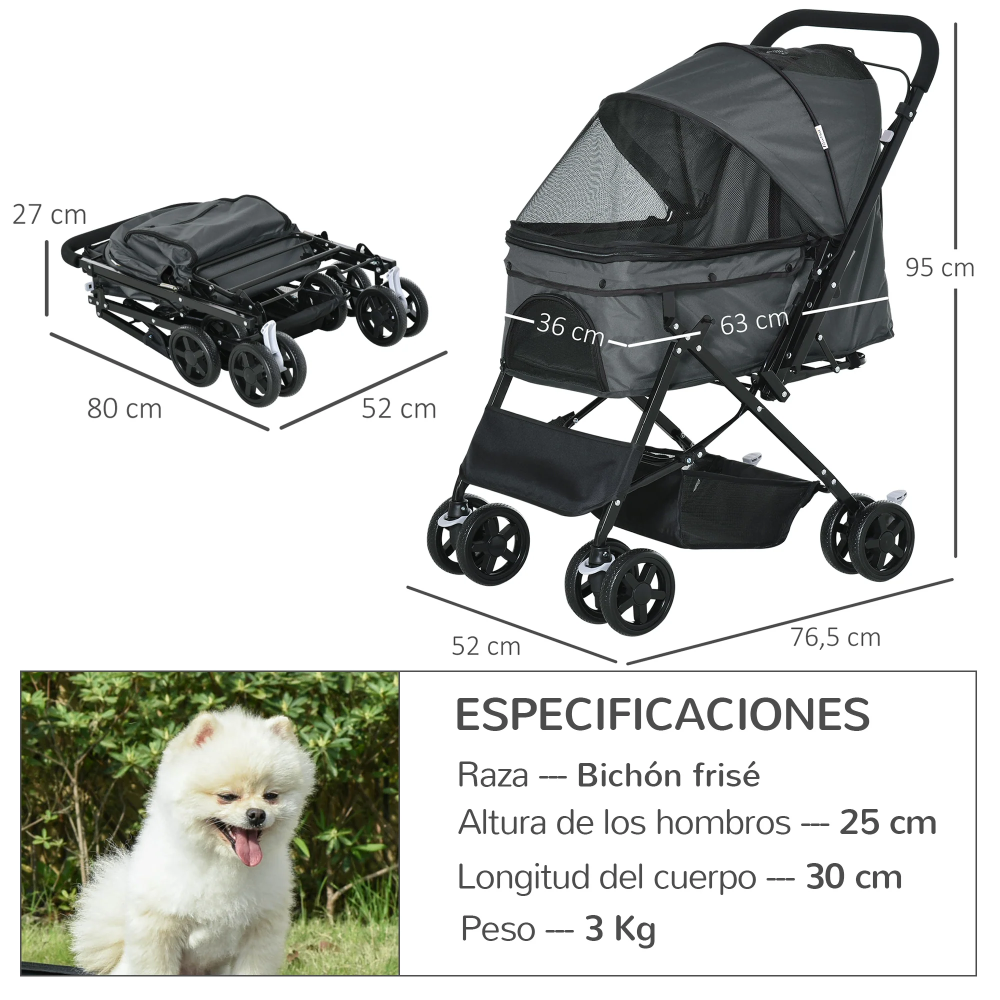 Pawhut Cochecito Para Mascotas Plegable Con Toldo Ajustable 76,5x52x95 Cm Gris - Image 3