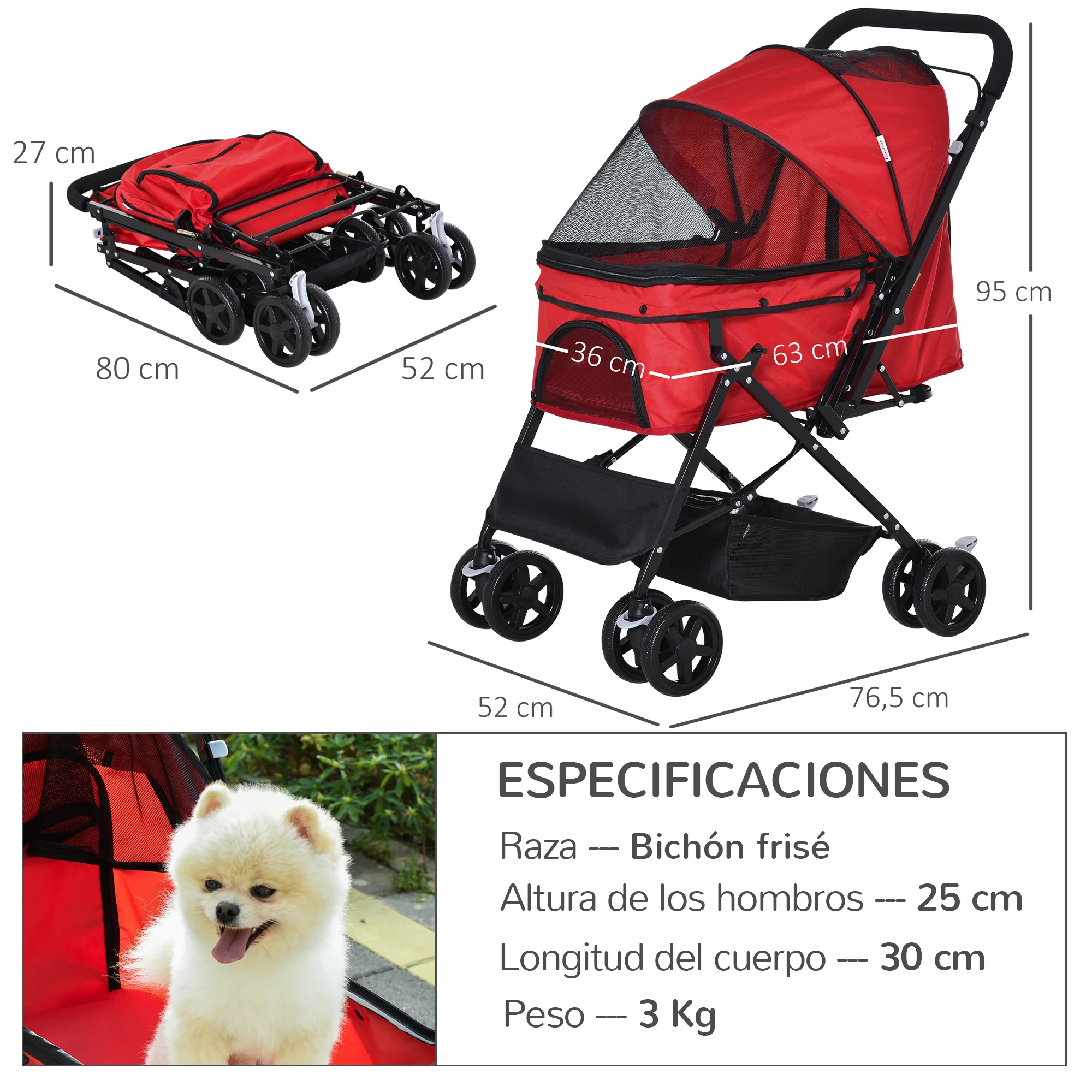 Pawhut Cochecito Para Mascotas Plegable Con Toldo Ajustable 76,5x52x95 Cm Rojo - Image 3