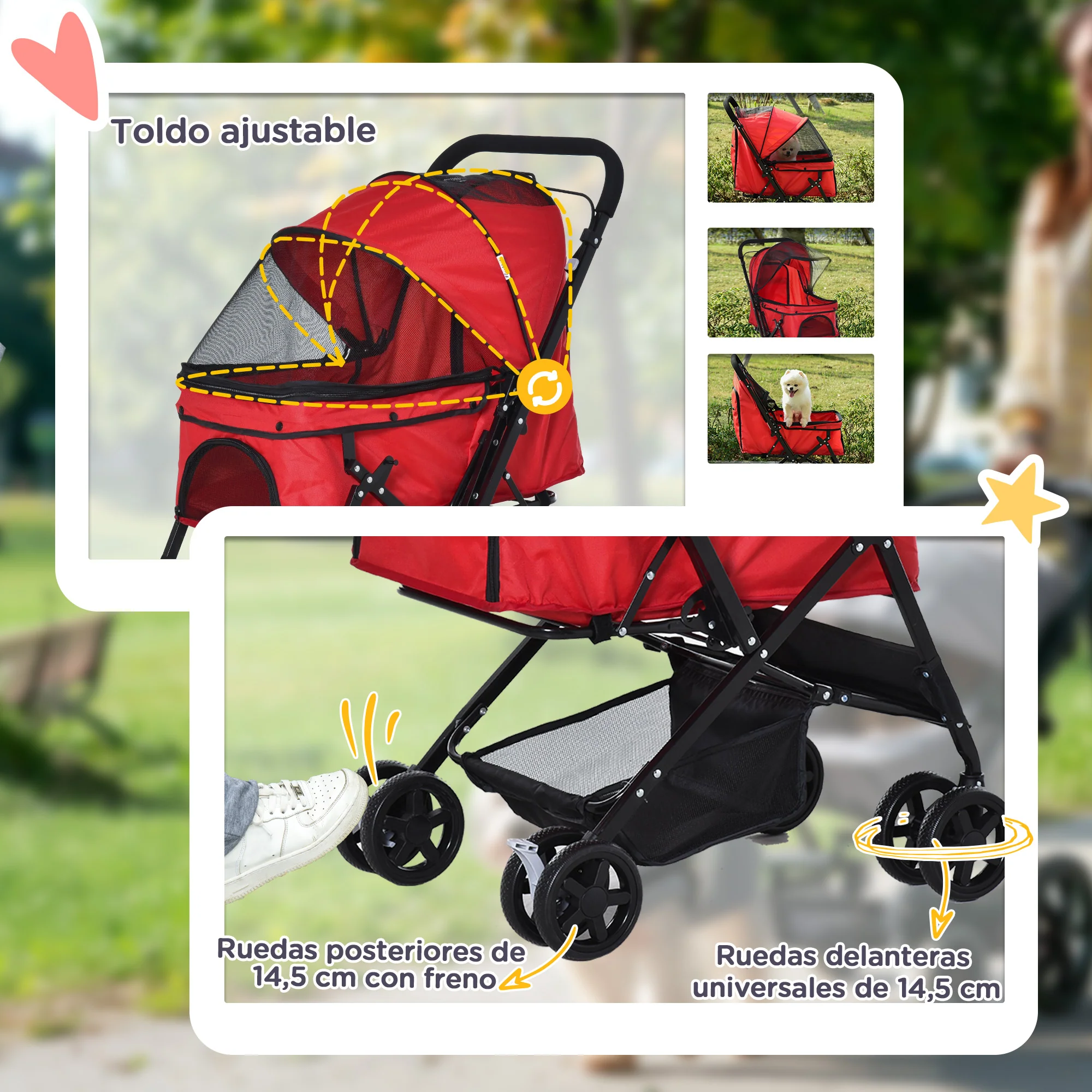 Pawhut Cochecito Para Mascotas Plegable Con Toldo Ajustable 76,5x52x95 Cm Rojo - Image 6
