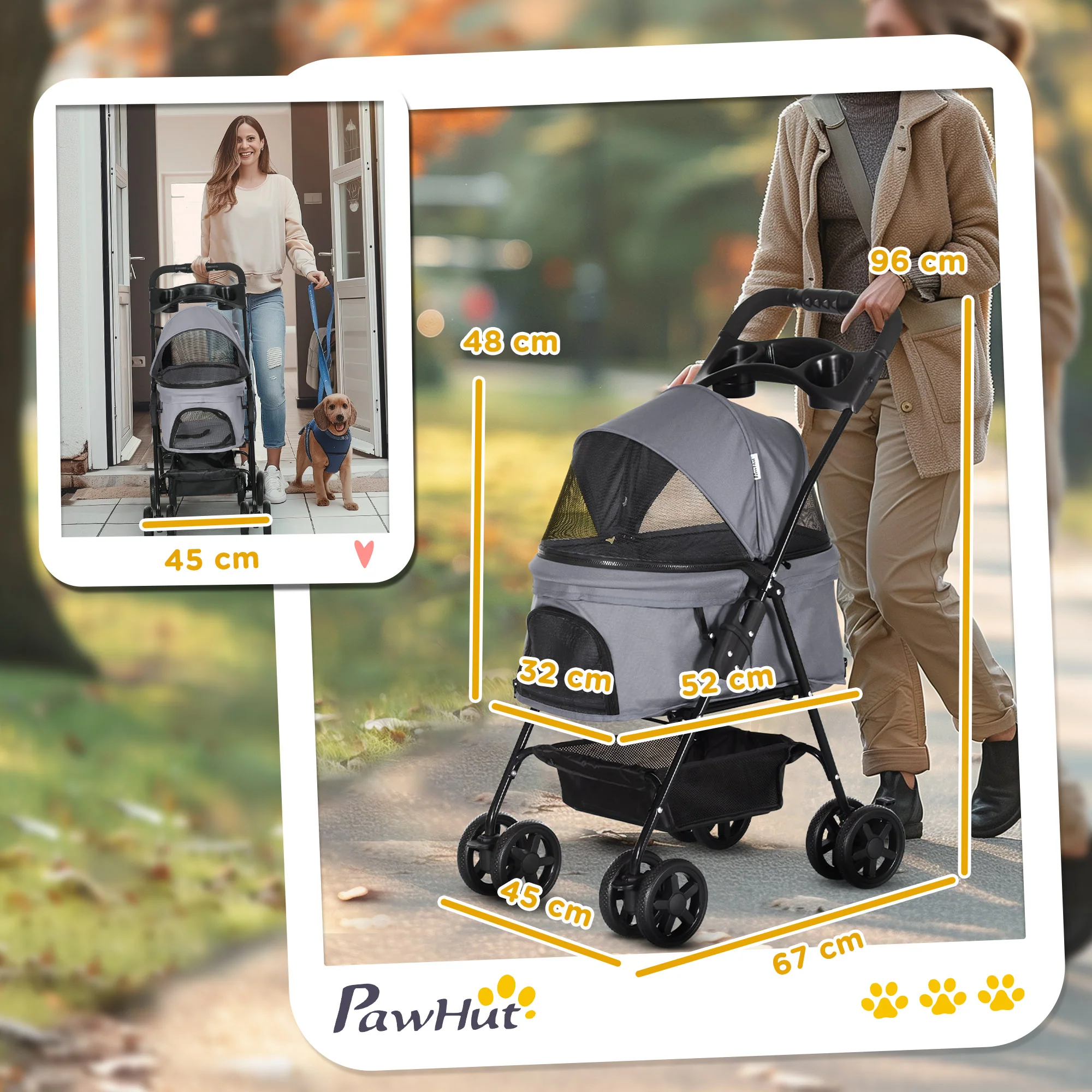 Pawhut Cochecito Para Perros Plegable Con Ruedas Universales 67x45x96 Cm Gris - Image 3