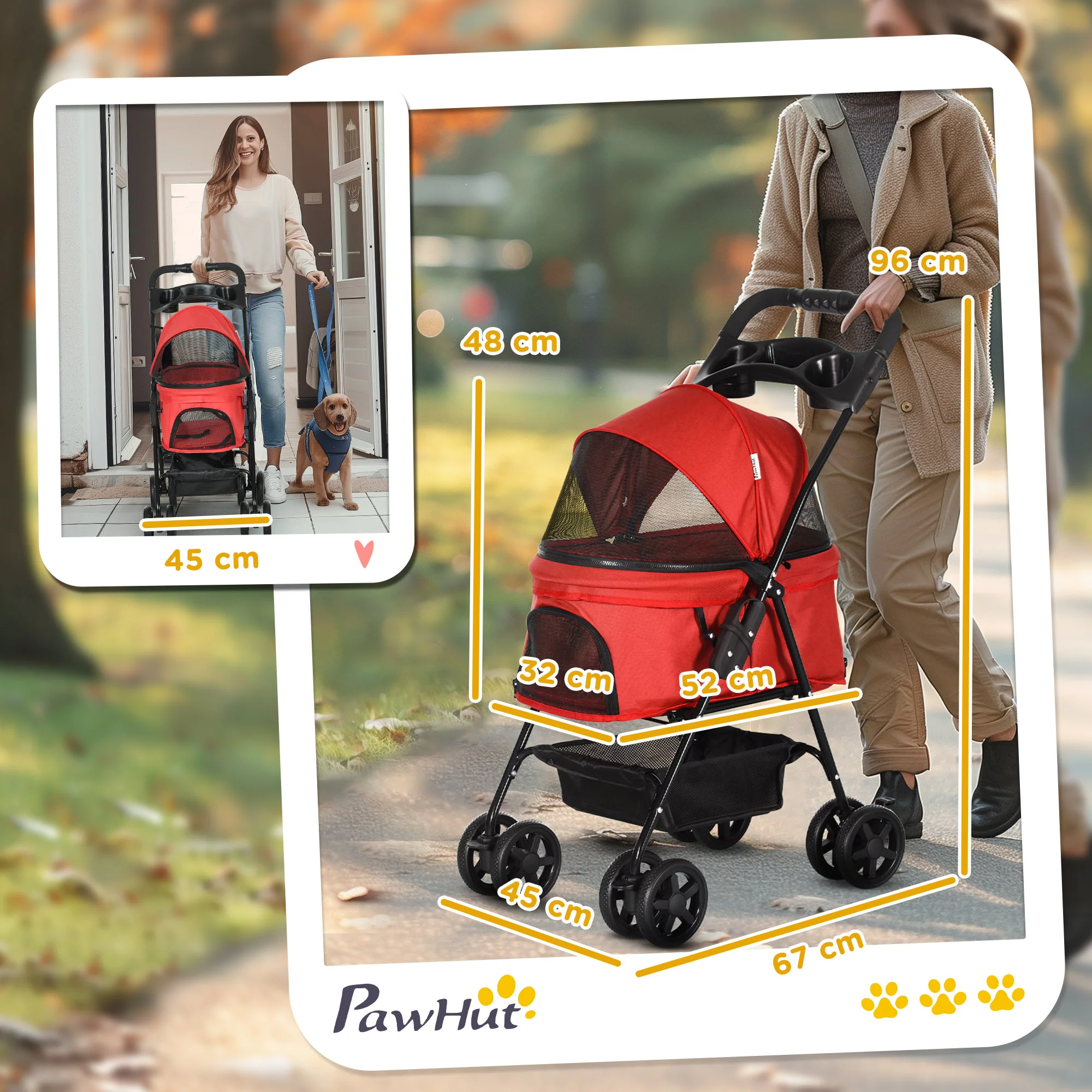 Pawhut Cochecito Para Perros Plegable Con Ruedas Universales 67x45x96 Cm Rojo - Image 3