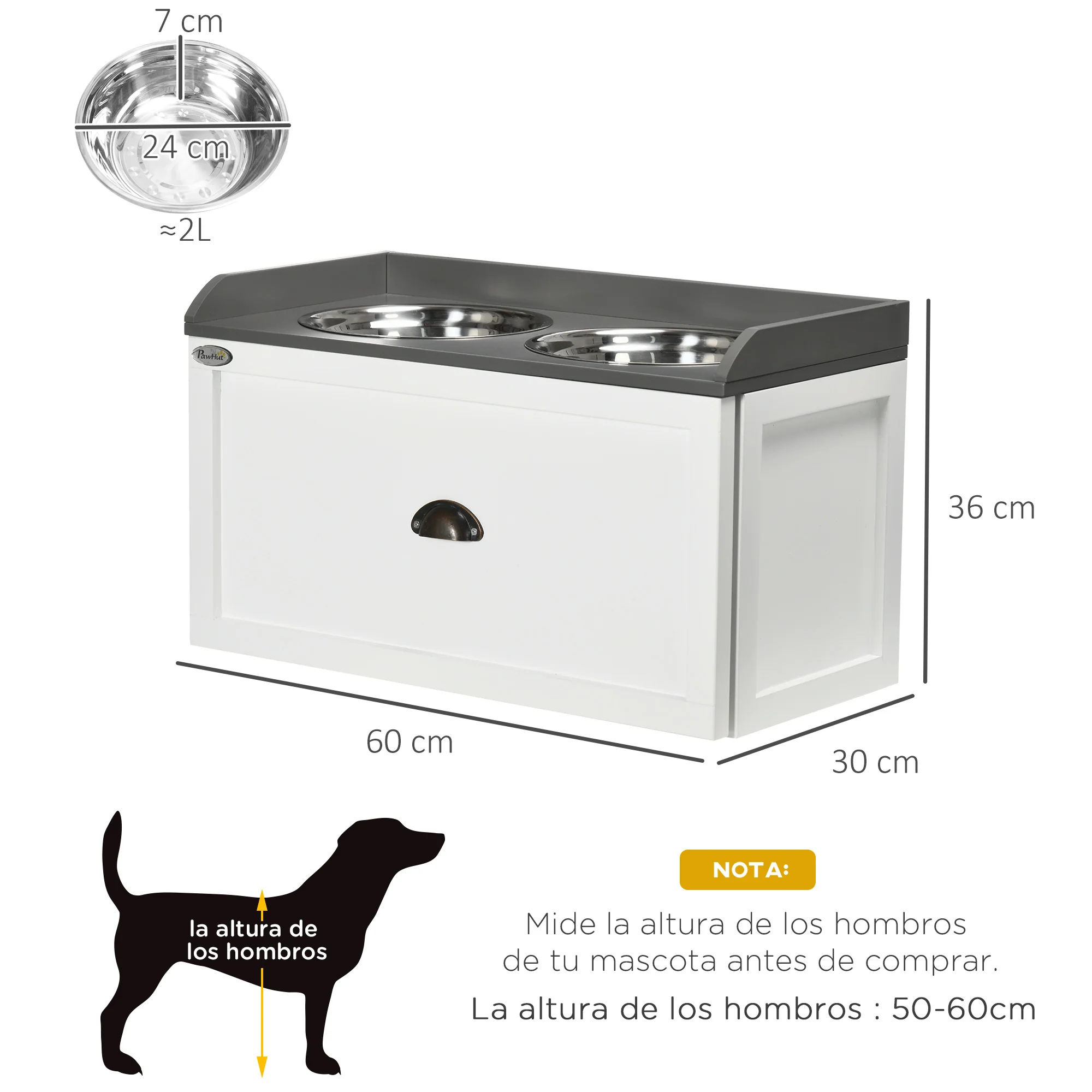 Pawhut Comedero Elevado Para Perros Grandes Con 2 Tazones 60x30x36 Cm Blanco - Image 3