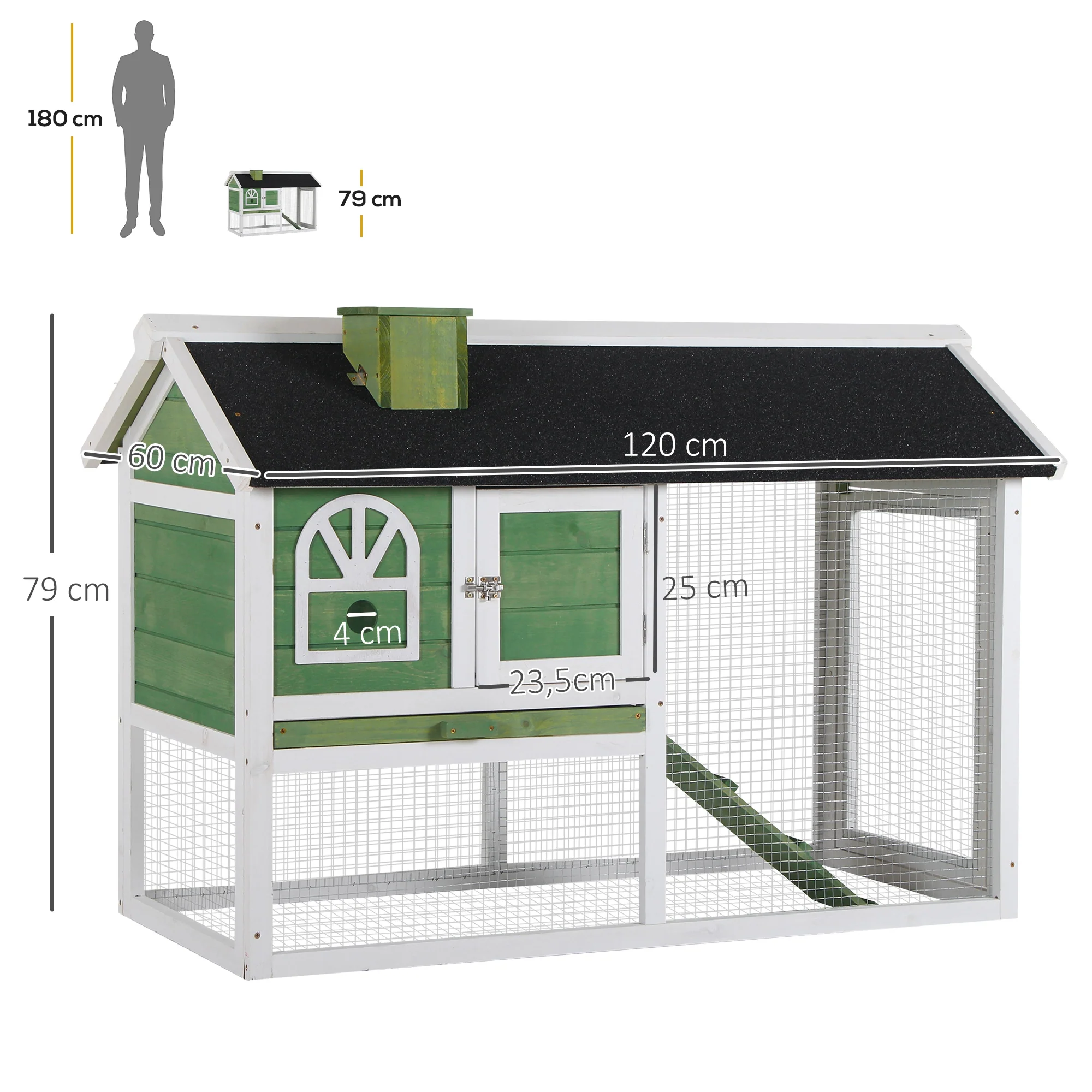 Pawhut Conejera De Madera 120x60x79 Cm Con Techo Asfáltico Verde - Image 3