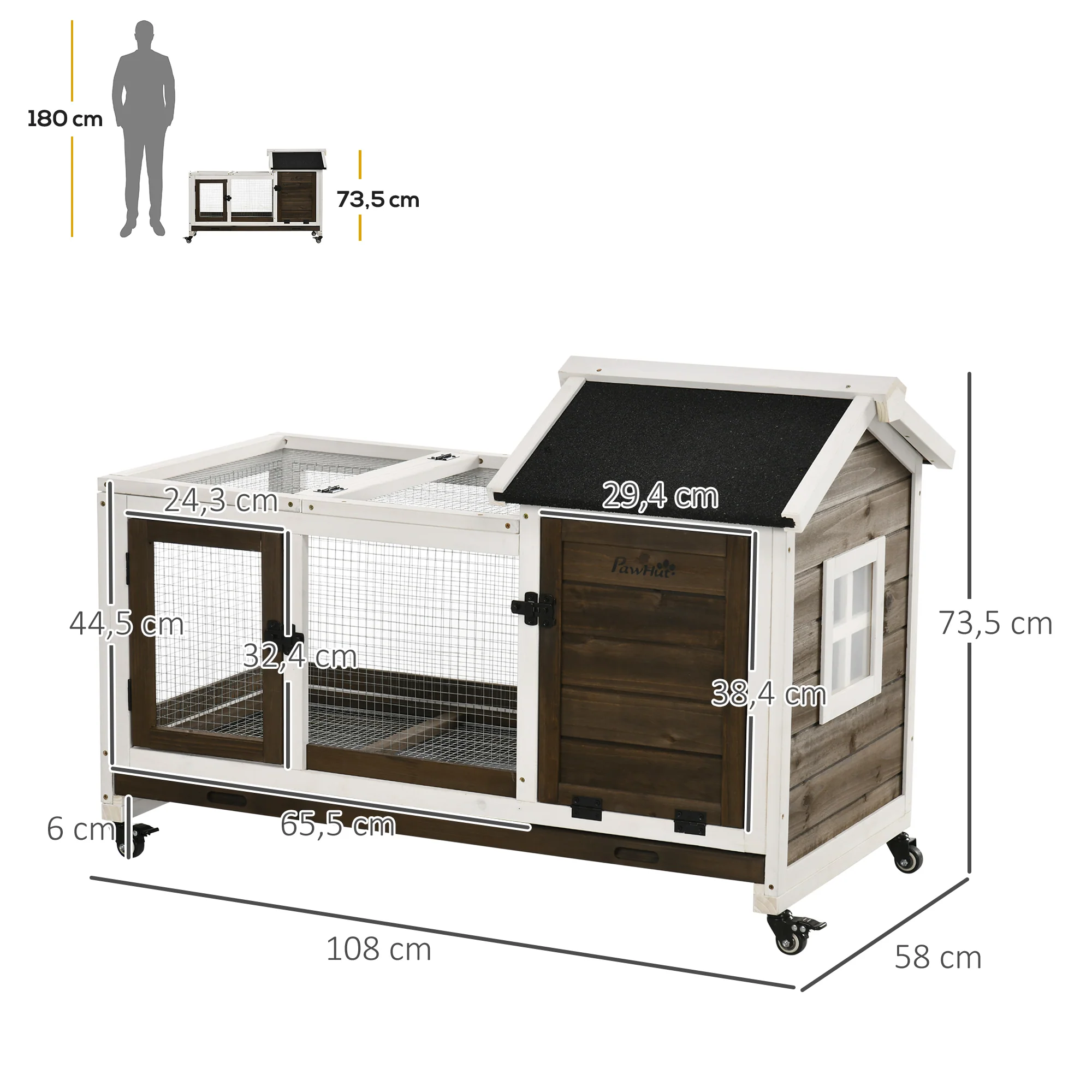 Pawhut Conejera De Madera Con Ruedas 108x58x73,5 Cm Con Techo Abrible Corral - Image 3