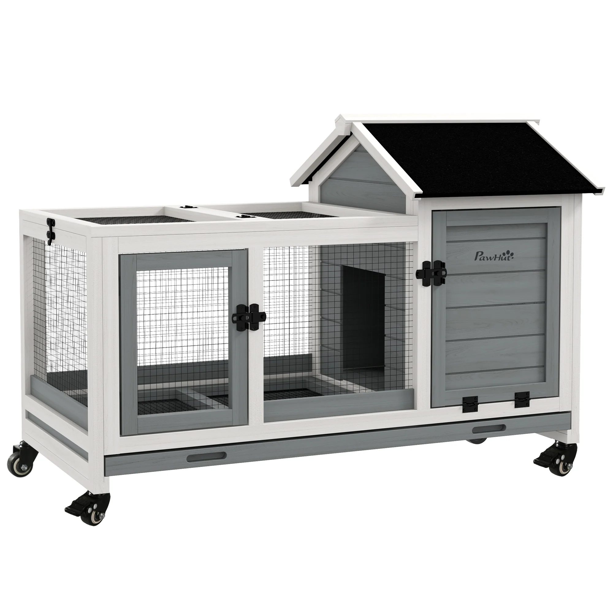 Pawhut Conejera De Madera Con Ruedas Techo Abatible 108x58x73,5 Cm Gris