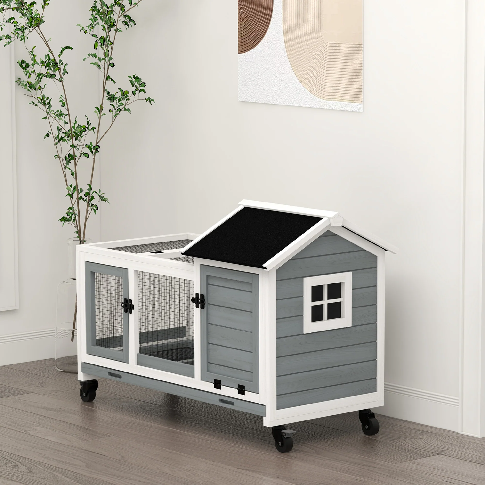 Pawhut Conejera De Madera Con Ruedas Techo Abatible 108x58x73,5 Cm Gris - Image 2