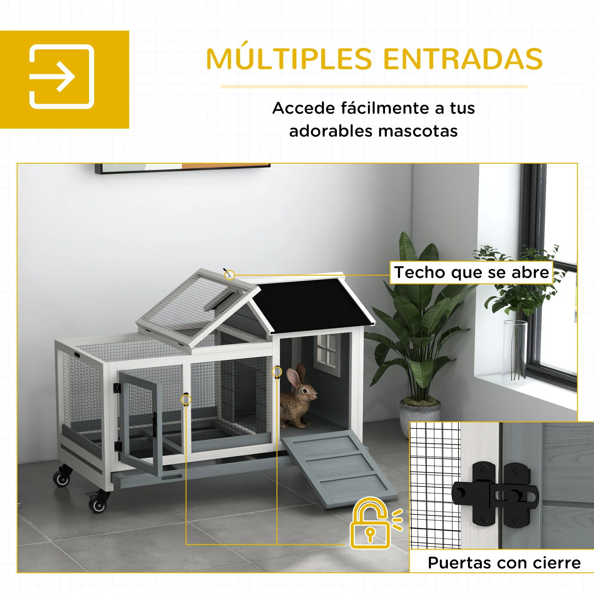 Pawhut Conejera De Madera Con Ruedas Techo Abatible 108x58x73,5 Cm Gris - Image 6