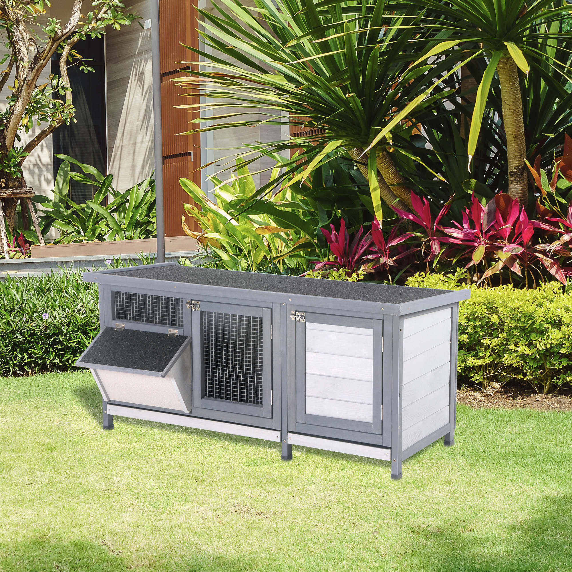 Pawhut Conejera De Madera Con Techo Abatible Y Puertas 112x50x54 Cm Gris - Image 2