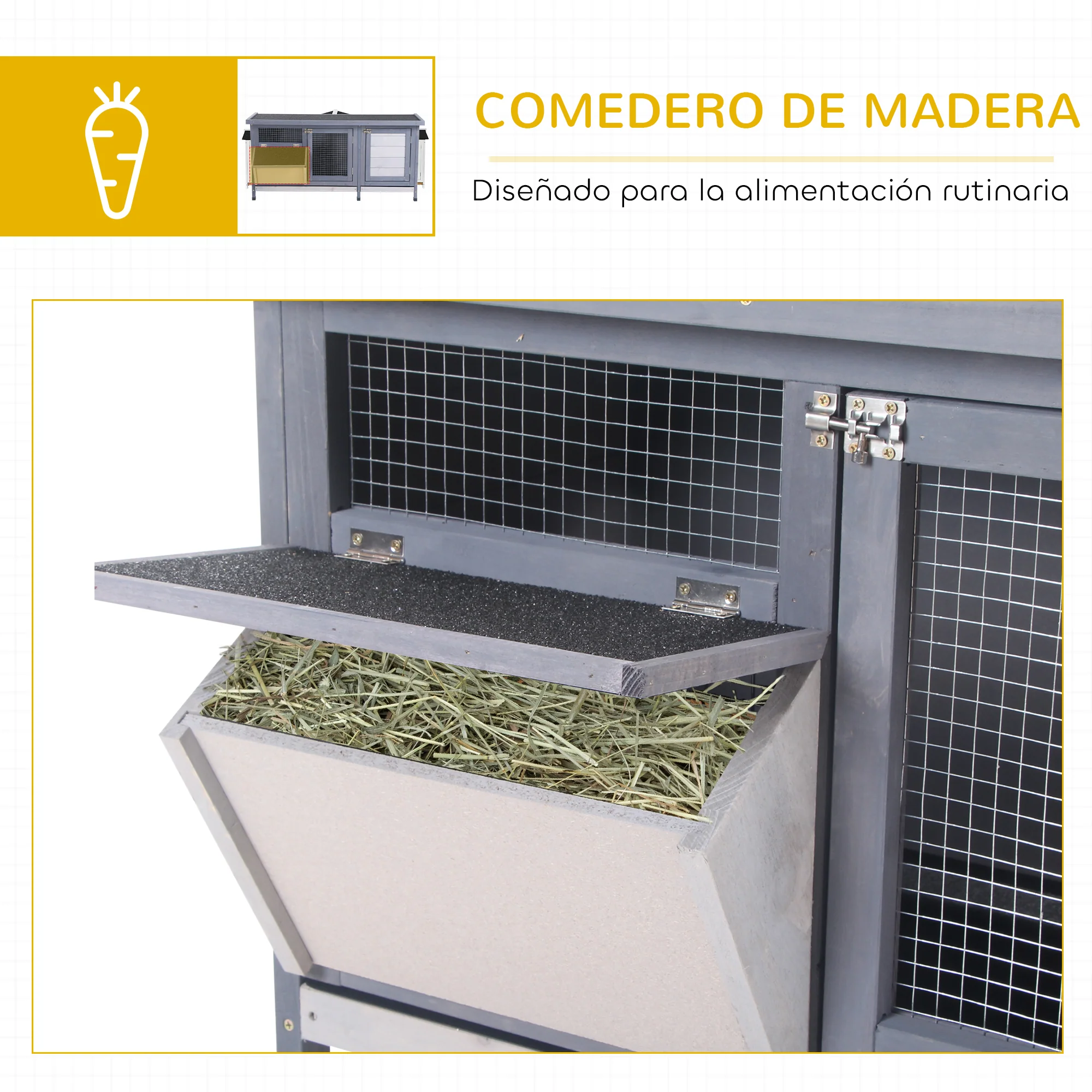 Pawhut Conejera De Madera Con Techo Abatible Y Puertas 112x50x54 Cm Gris - Image 6