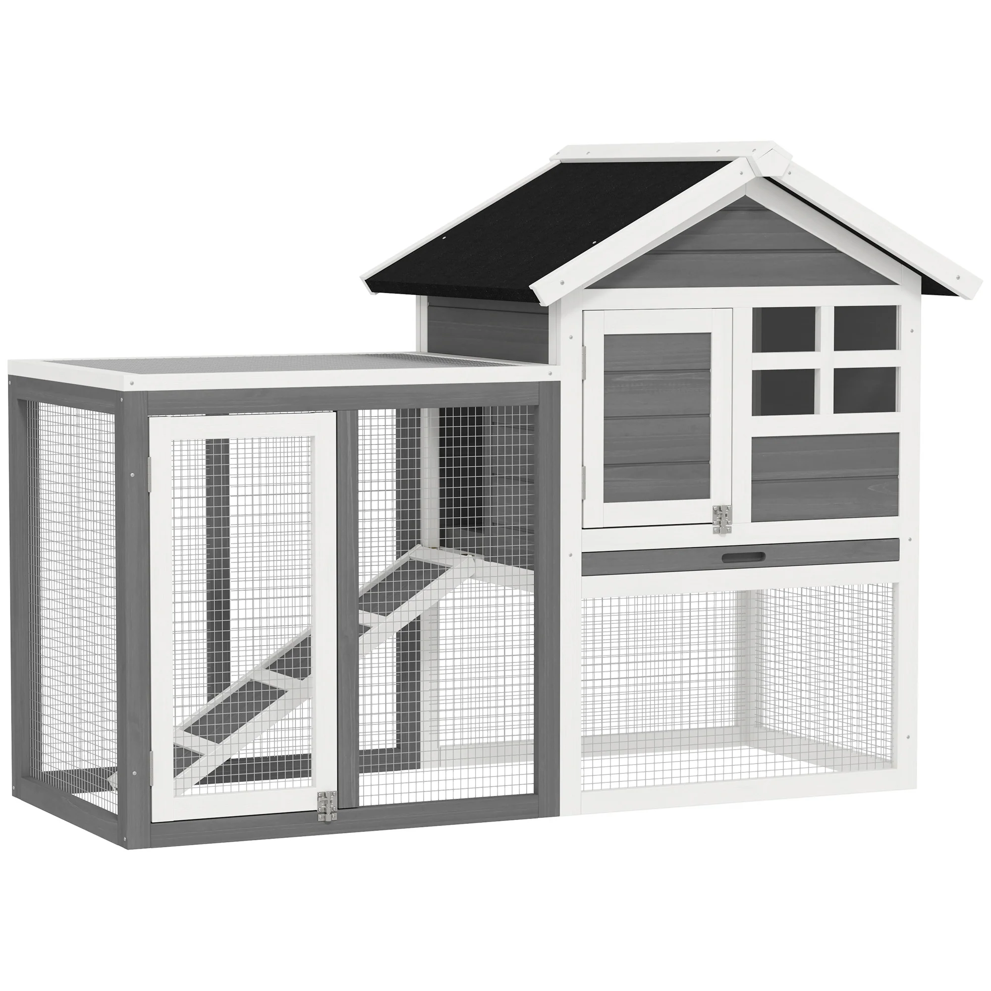 Pawhut Conejera De Madera Con Zona Abierta Y Rampa 123,5x62,6x92,5 Cm Gris