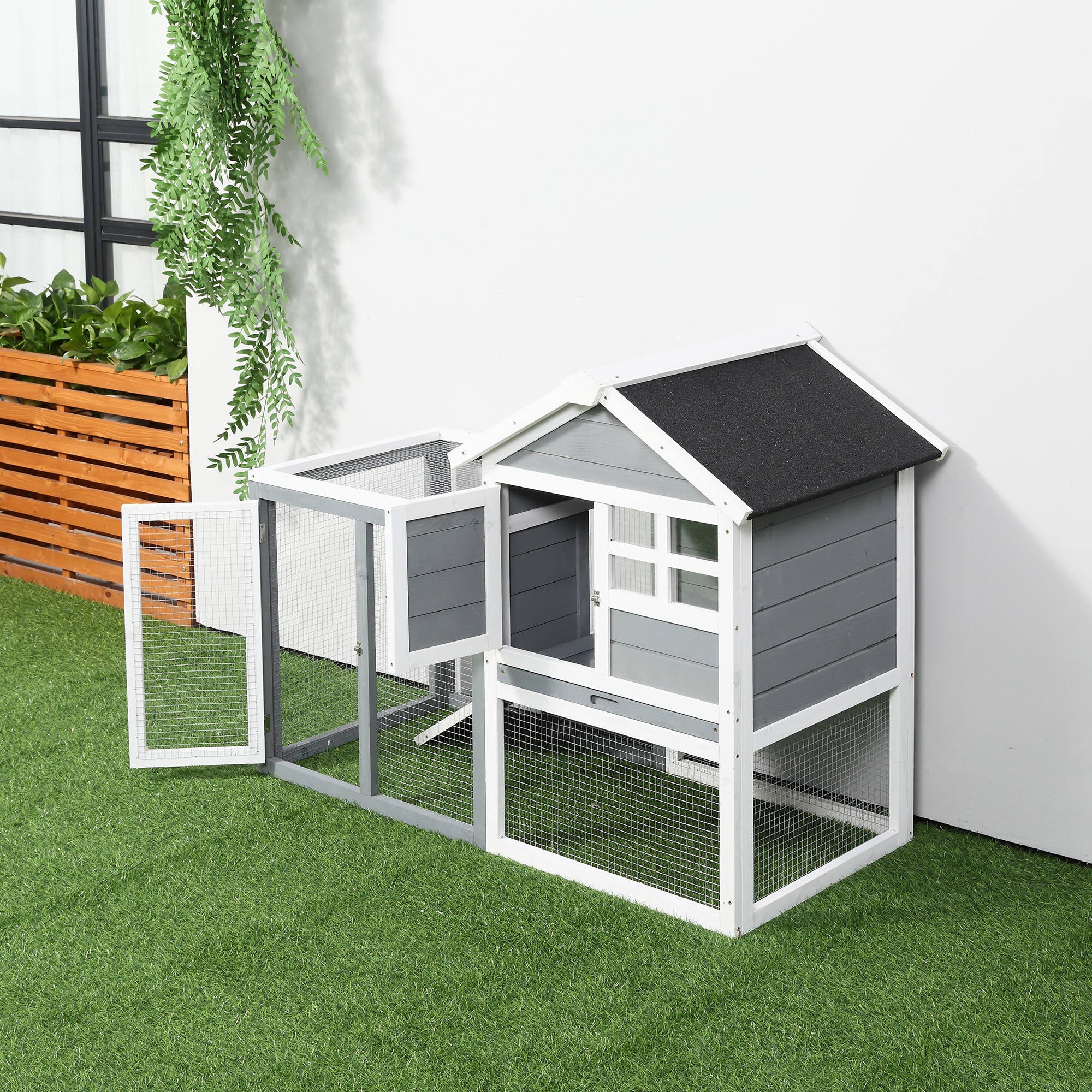 Pawhut Conejera De Madera Con Zona Abierta Y Rampa 123,5x62,6x92,5 Cm Gris - Image 2