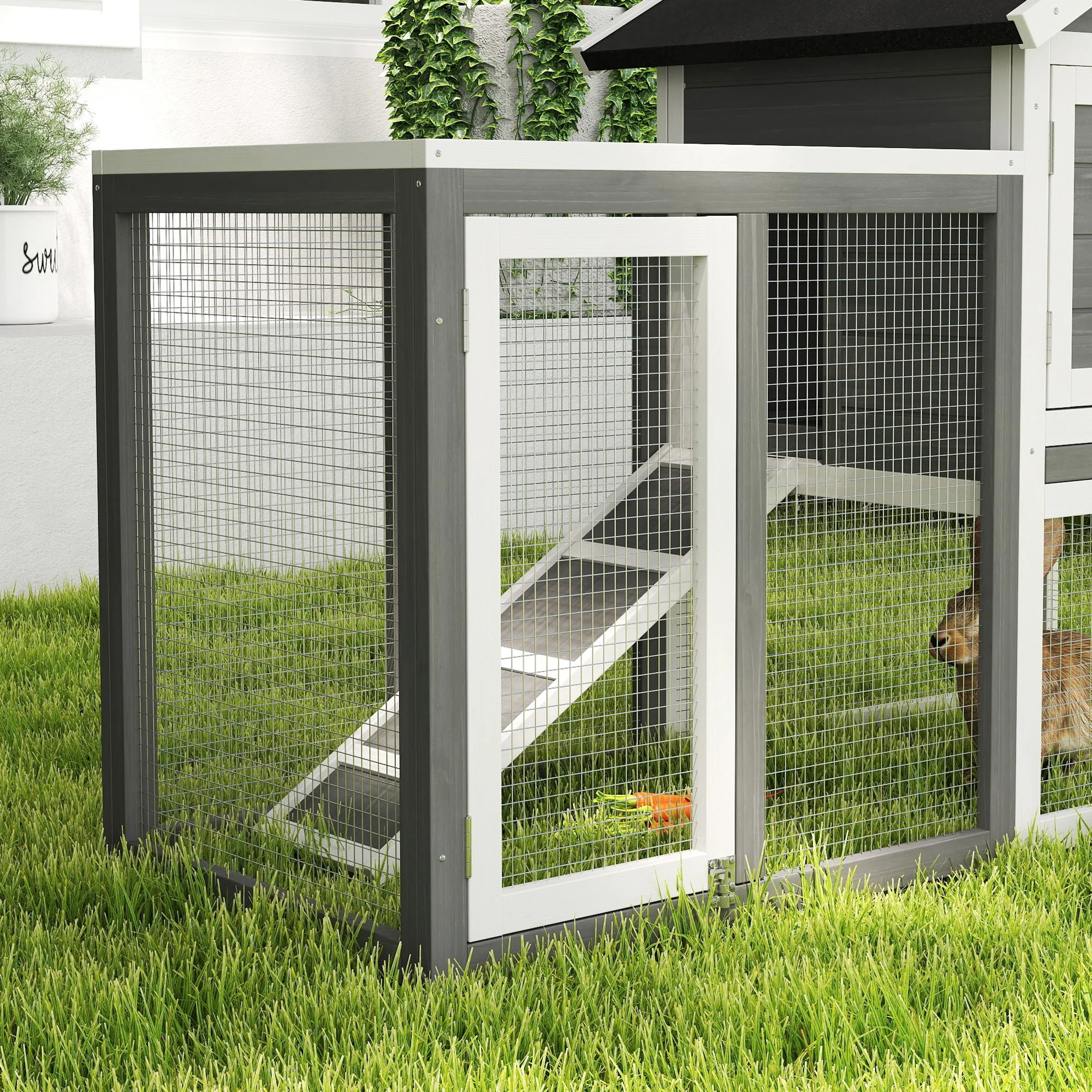 Pawhut Conejera De Madera Con Zona Abierta Y Rampa 123,5x62,6x92,5 Cm Gris - Image 4