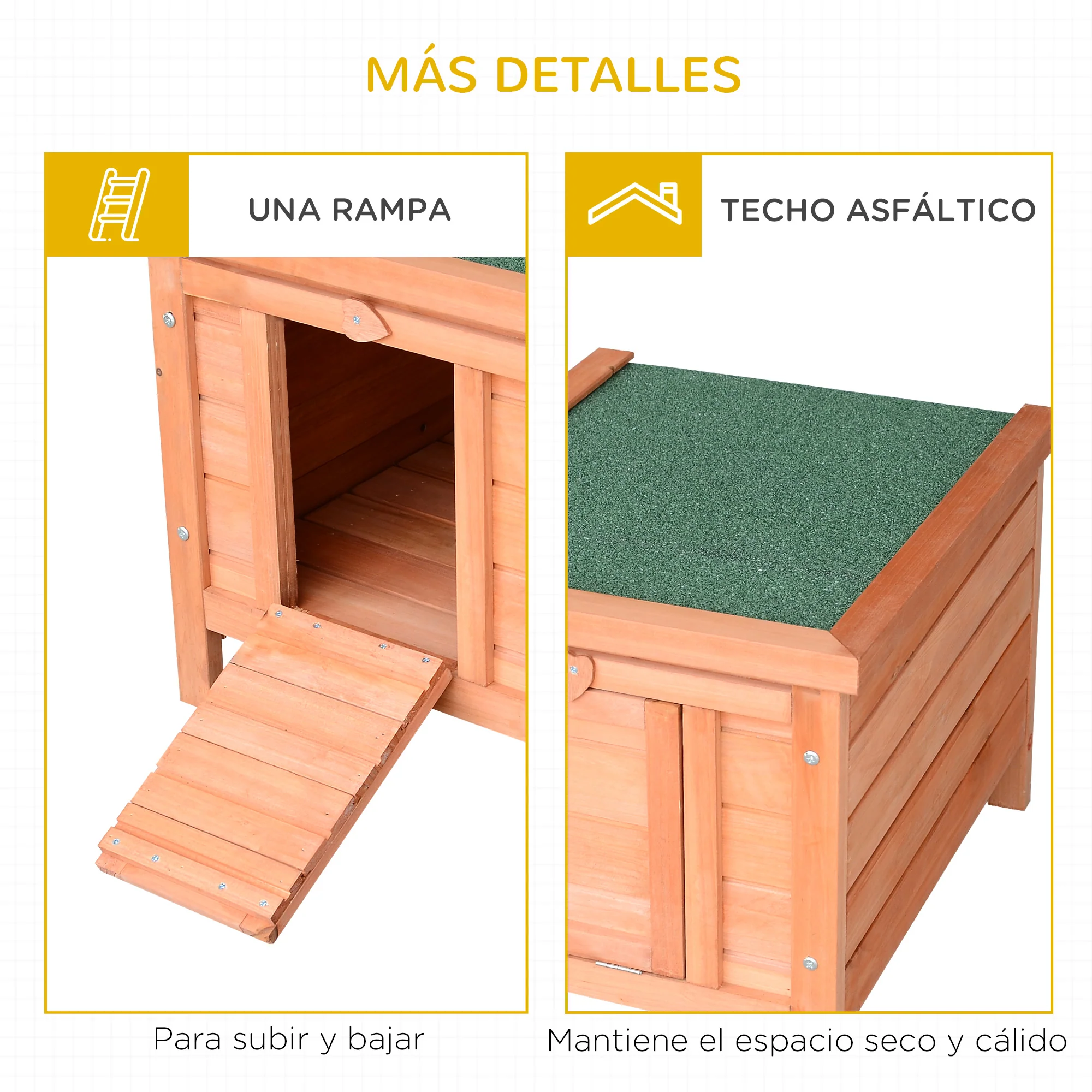 Pawhut Conejera Madera Exterior Con Techo Asfáltico Abatible 42x51x43 Cm Natural - Image 6
