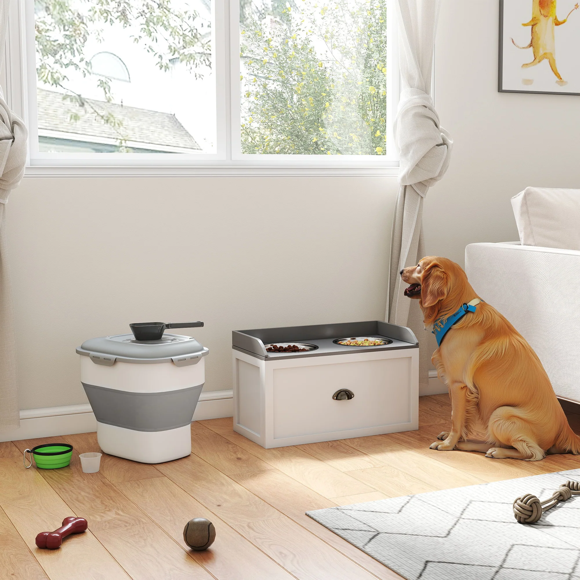 Pawhut Conjunto 1 Comedero Elevado Para Perros Y 1 Contenedor De Comida Blanco - Image 2