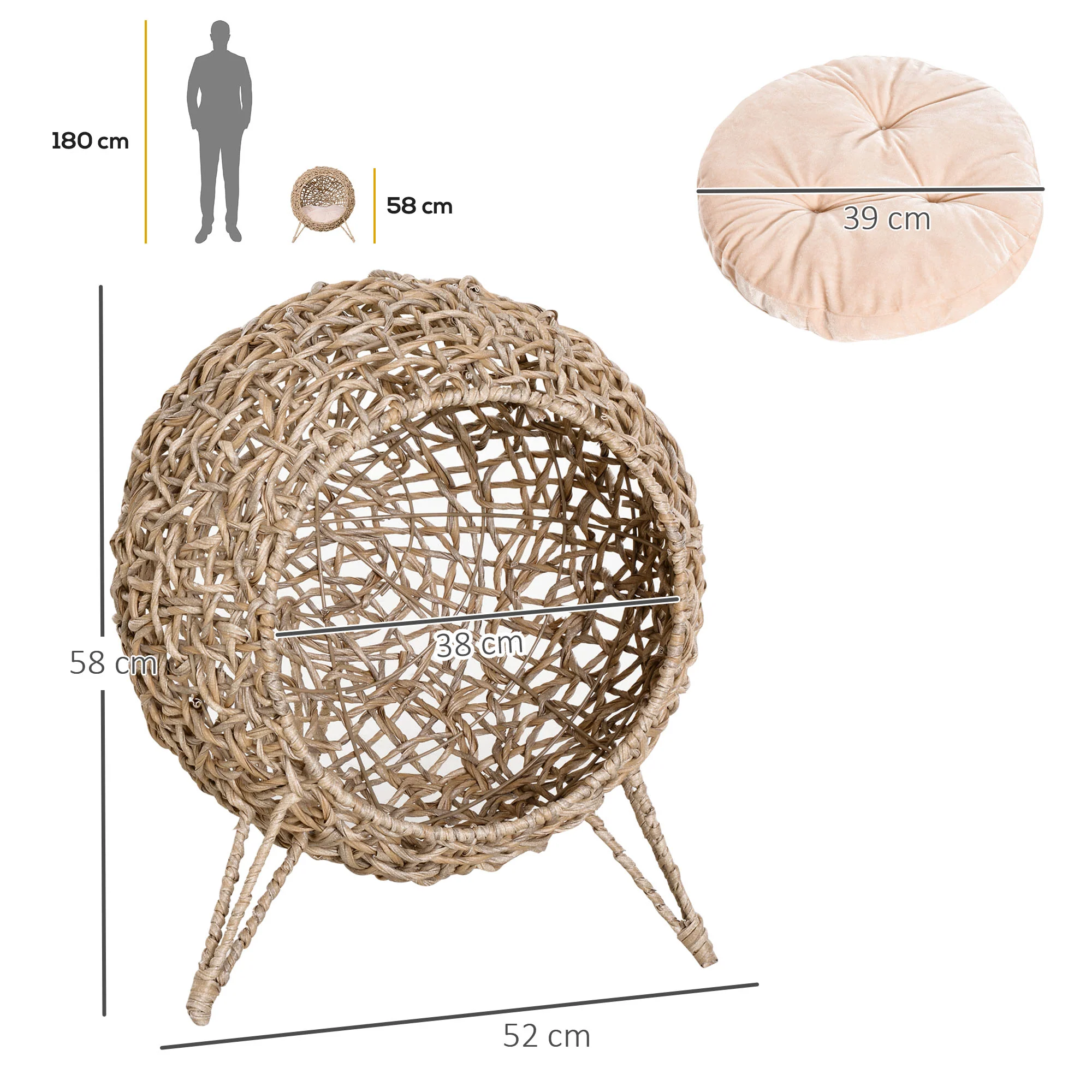 Pawhut Cueva De Ratán Con Cojín Para Gatos Base Elevada Con 3 Patas Φ52x58 Cm - Image 3