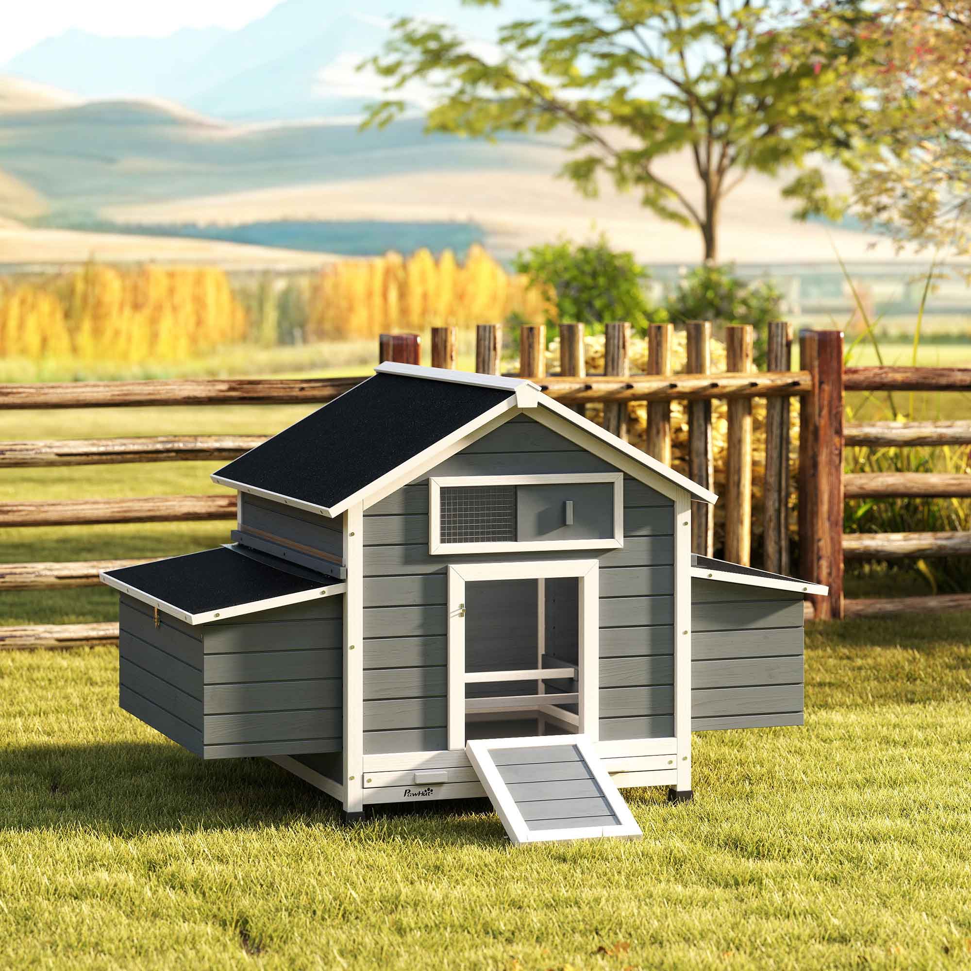 Pawhut Gallinero De Madera Para Exterior Con 2 Nidos 150x100x96,5 Cm Gris - Image 2