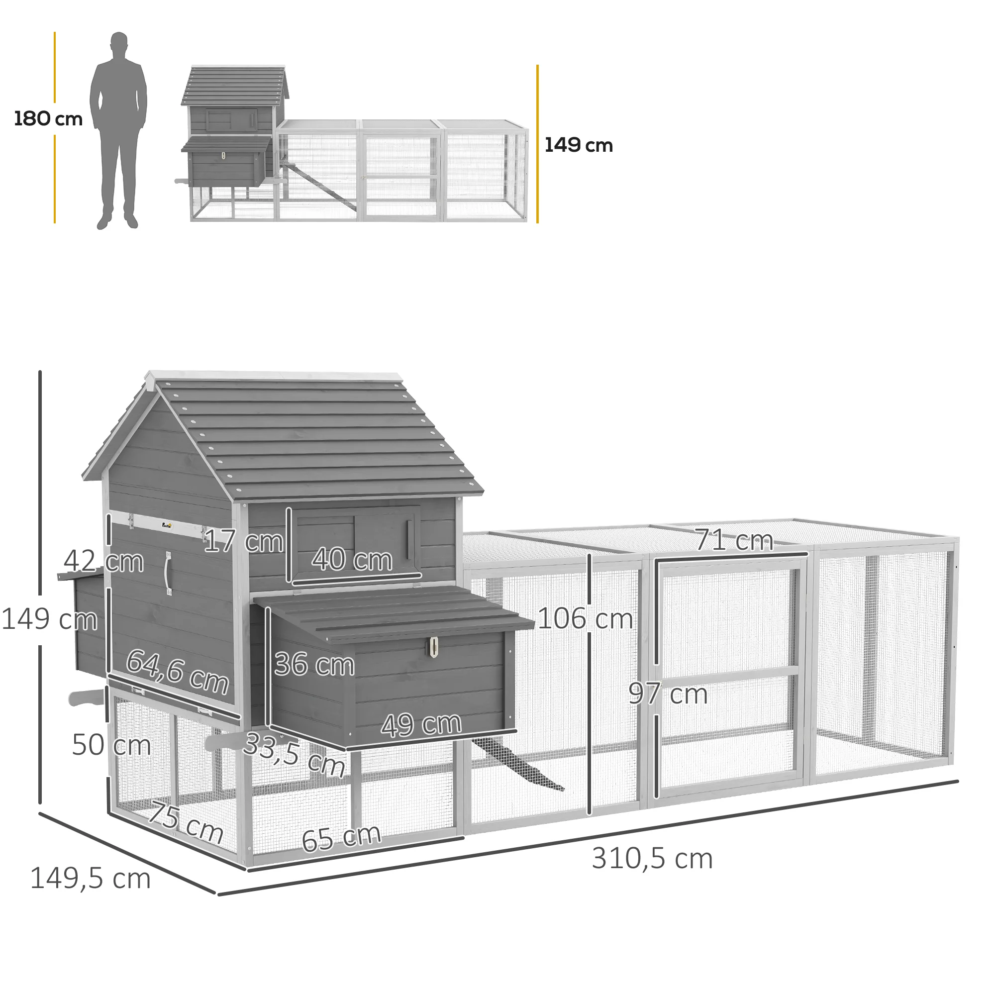 Pawhut Gallinero Grande De Madera 310,5x149,5x149 Cm Para 4-6 Gallinas Gris - Image 3