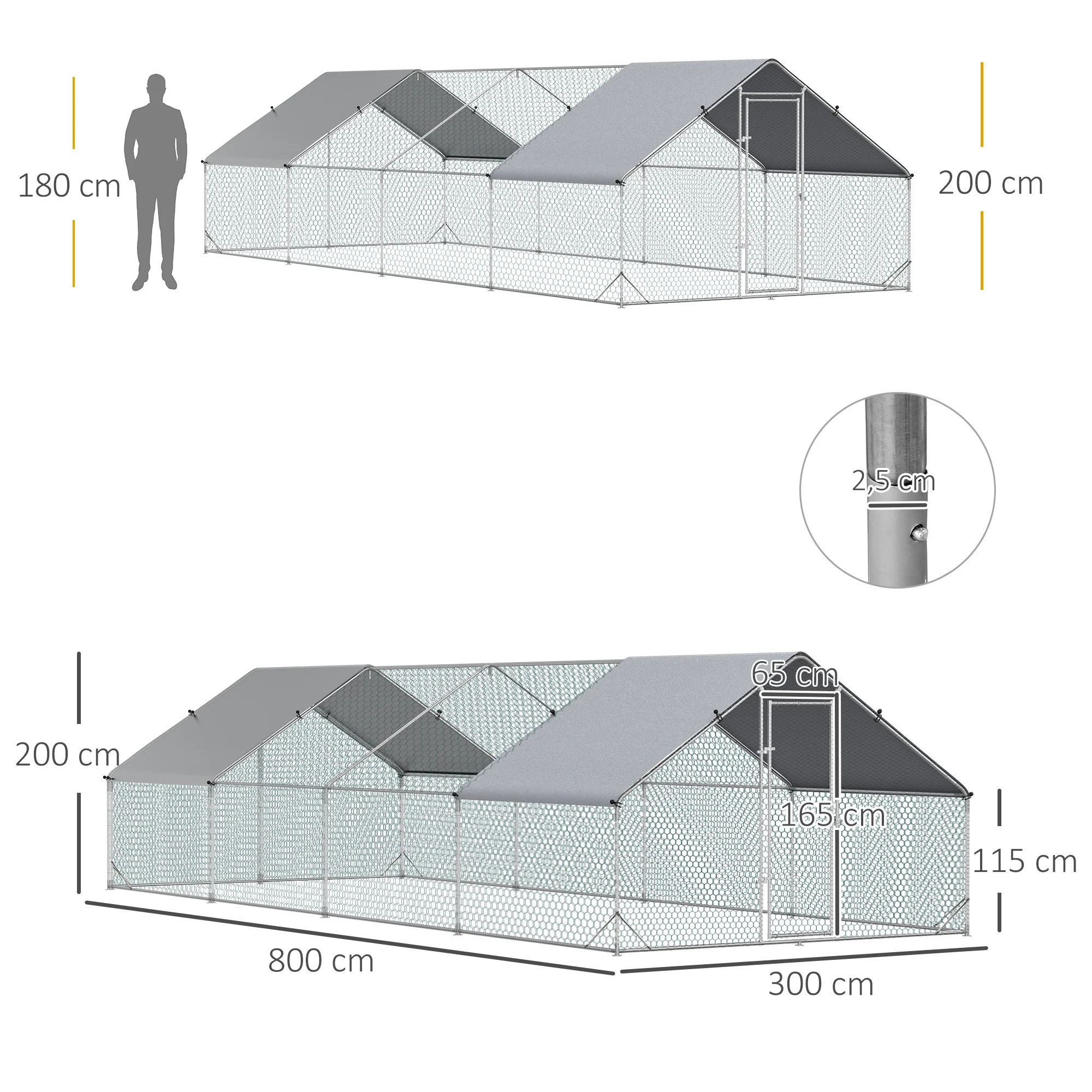 Pawhut Gallinero Para Exterior 24 M² 3x8x2m Con Cubierta De Pe Y Cerradura Plata - Image 3