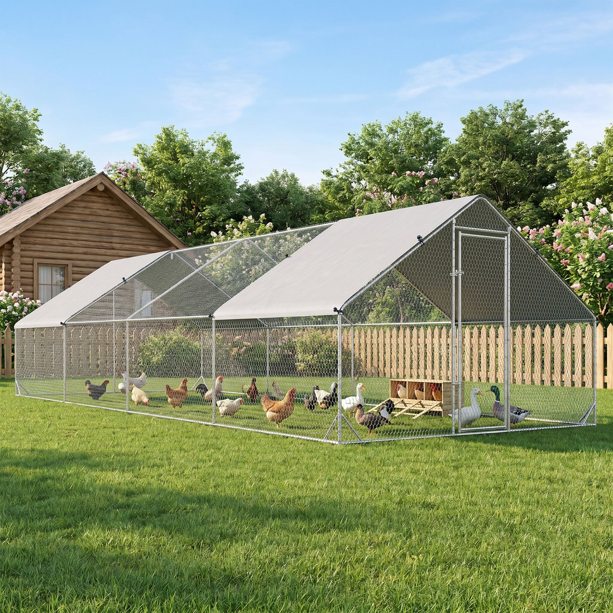 Pawhut Gallinero Para Exterior 24 M² 3x8x2m Con Cubierta De Pe Y Cerradura Plata - Image 4