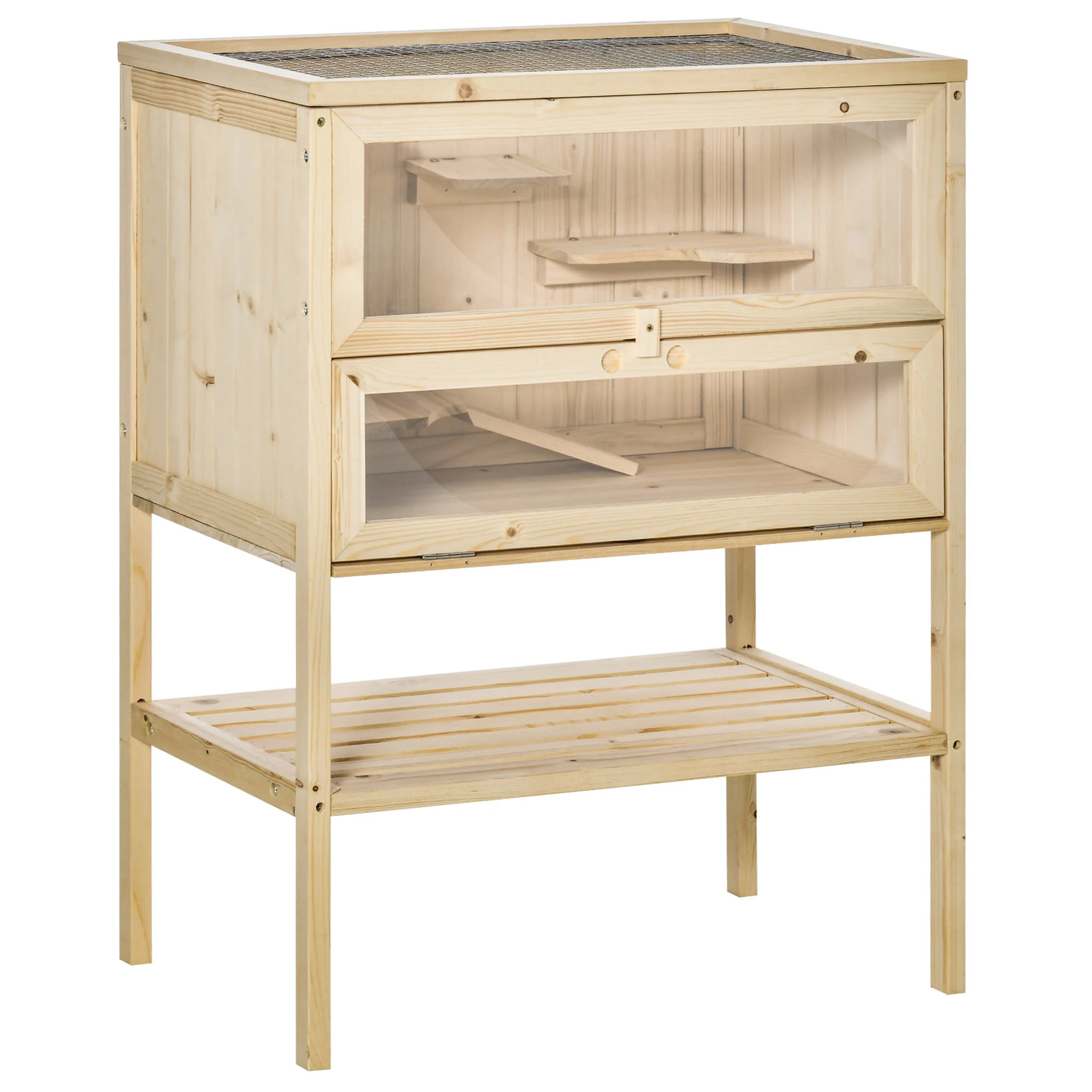 Pawhut Jaula De Madera Para Hámster Con Rampa Techo Abatible Estante Inferior