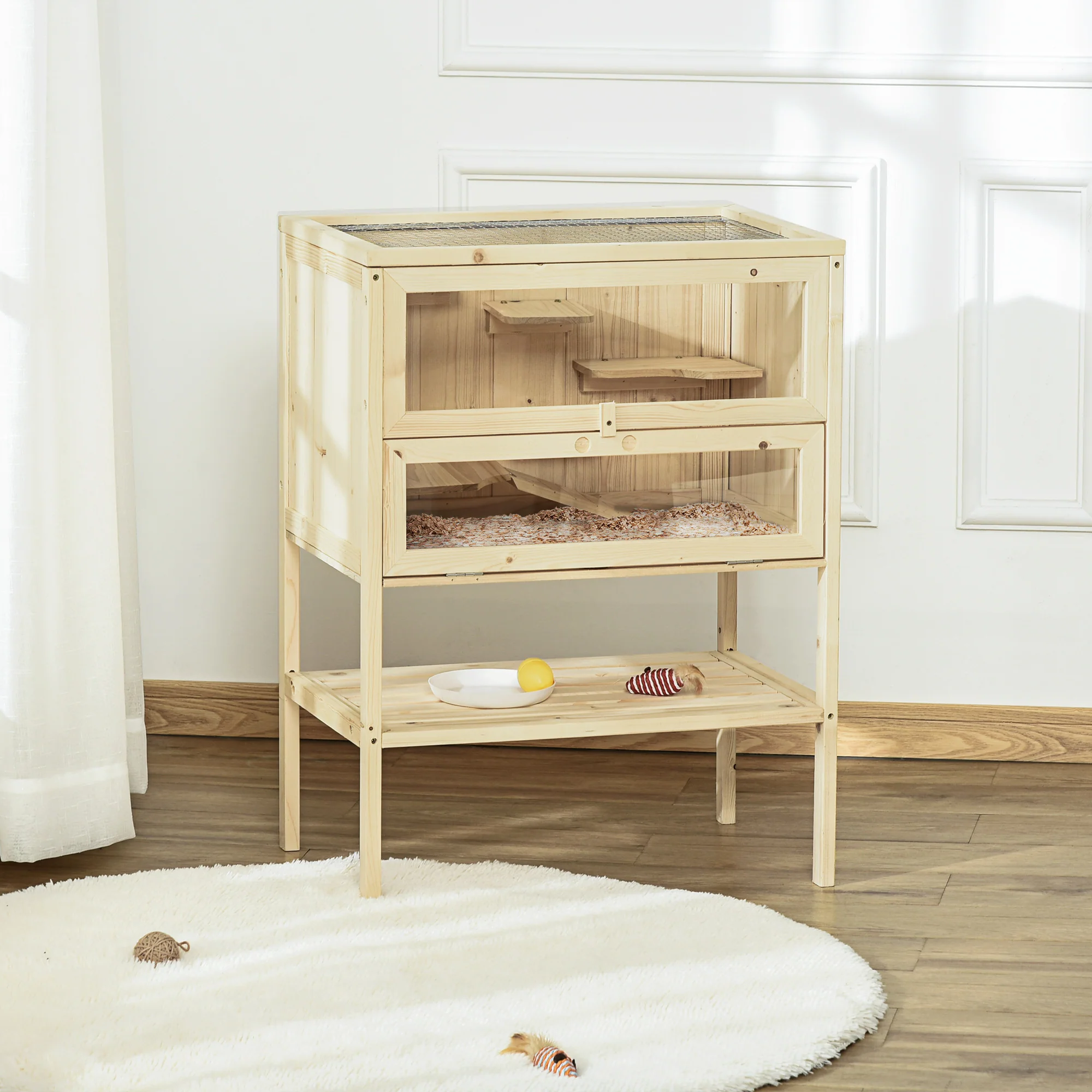 Pawhut Jaula De Madera Para Hámster Con Rampa Techo Abatible Estante Inferior - Image 2