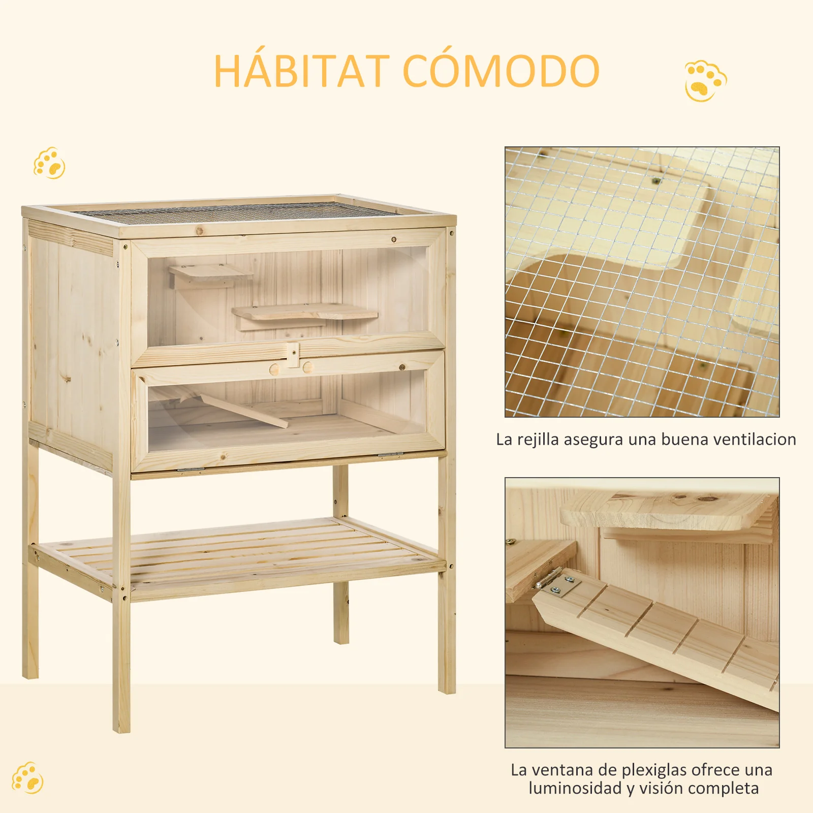 Pawhut Jaula De Madera Para Hámster Con Rampa Techo Abatible Estante Inferior - Image 6