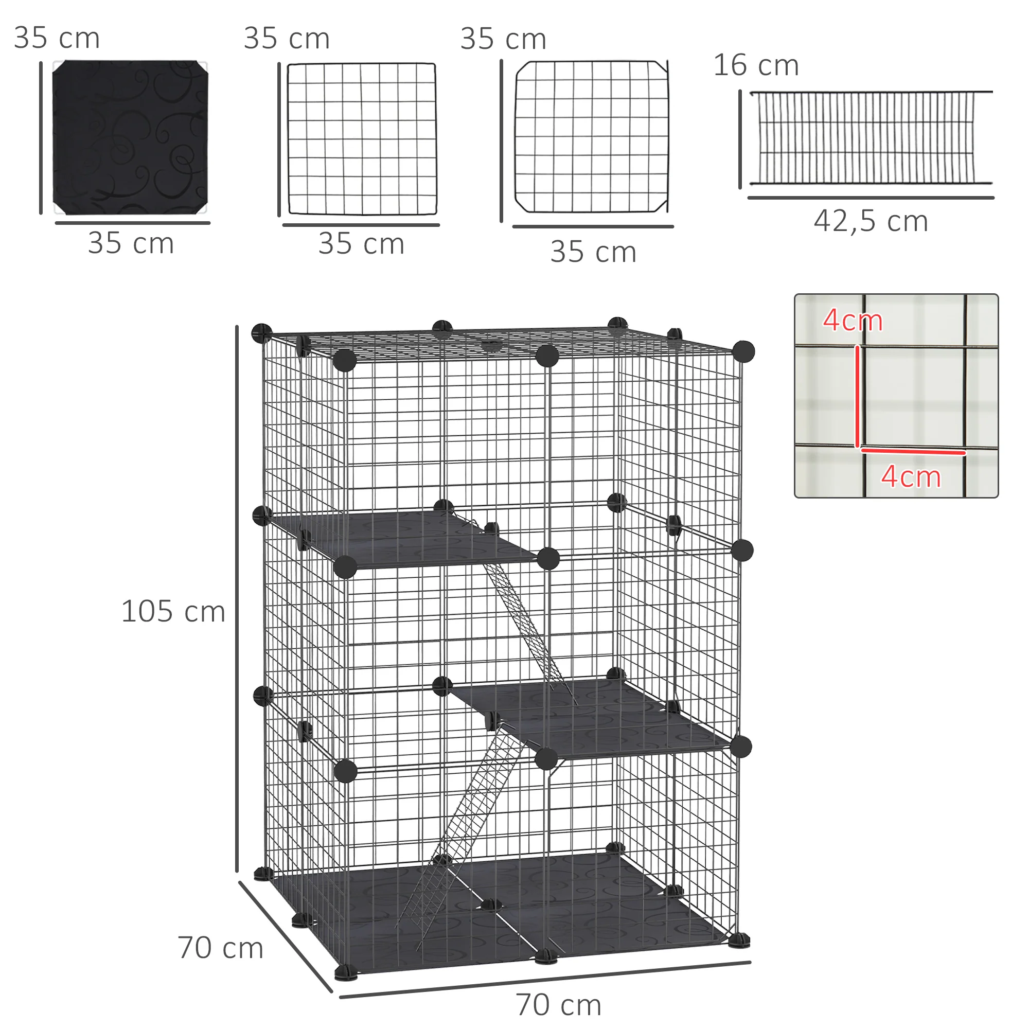 Pawhut Jaula Para Animales Pequeños De 3 Niveles 70x70x105 Cm Negro - Image 3