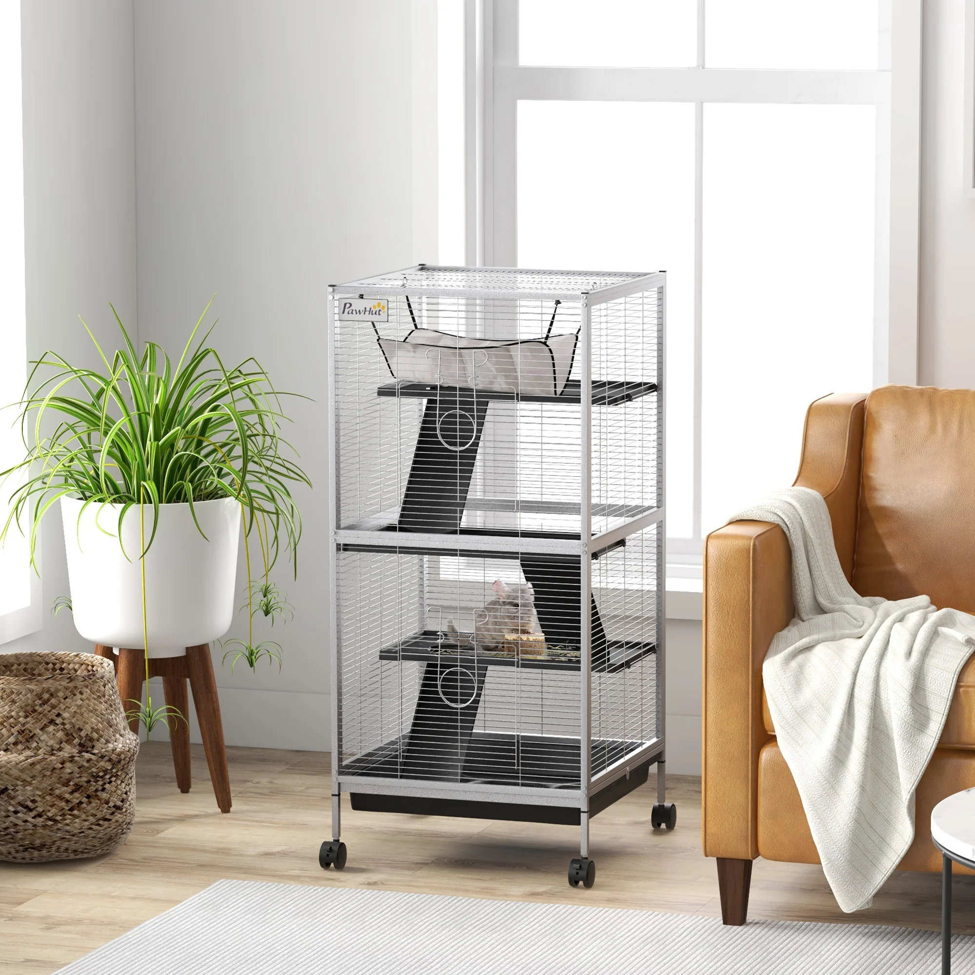 Pawhut Jaula Para Animales Pequeños De 4 Niveles Con Ruedas 52x52x113,5cm Gris - Image 2