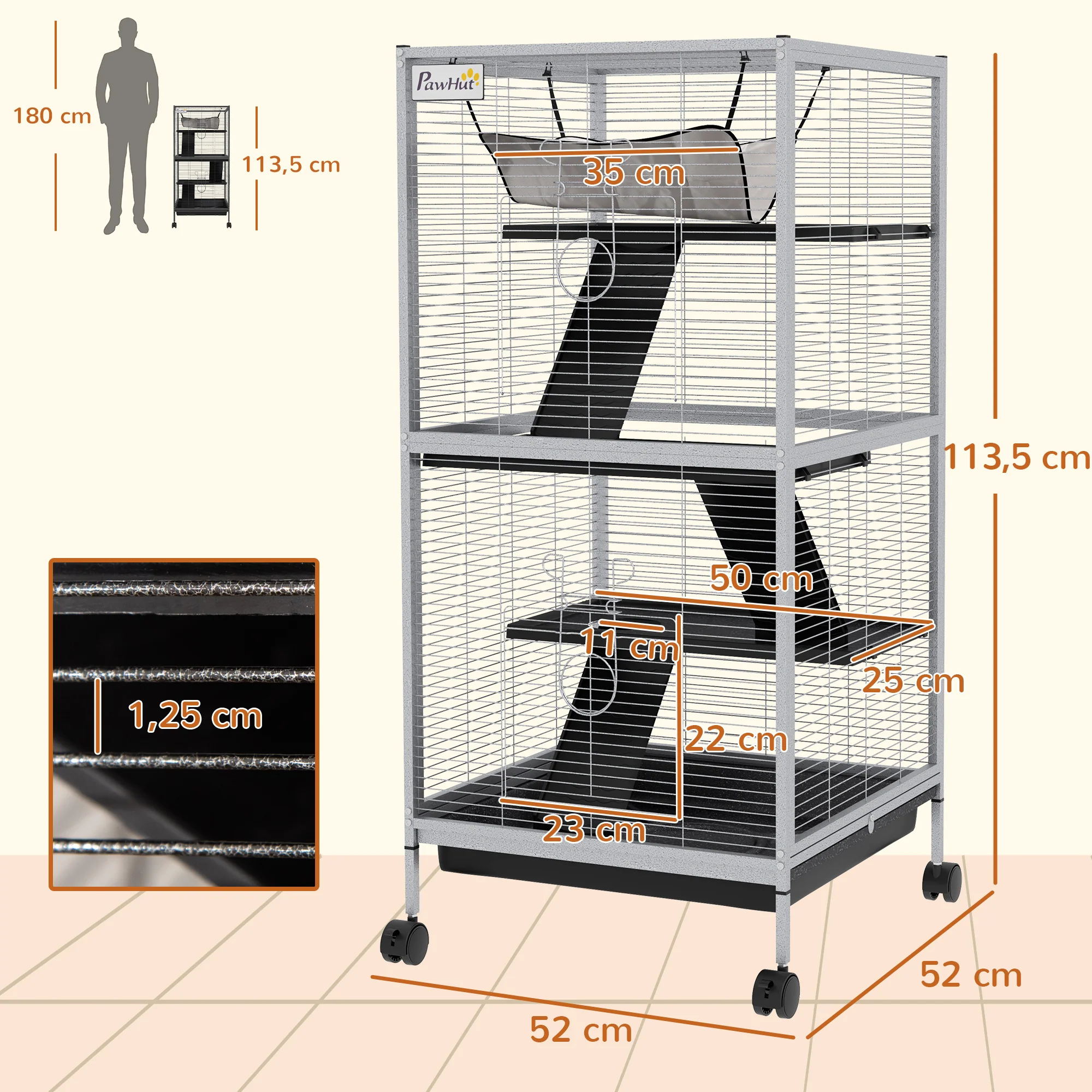 Pawhut Jaula Para Animales Pequeños De 4 Niveles Con Ruedas 52x52x113,5cm Gris - Image 3