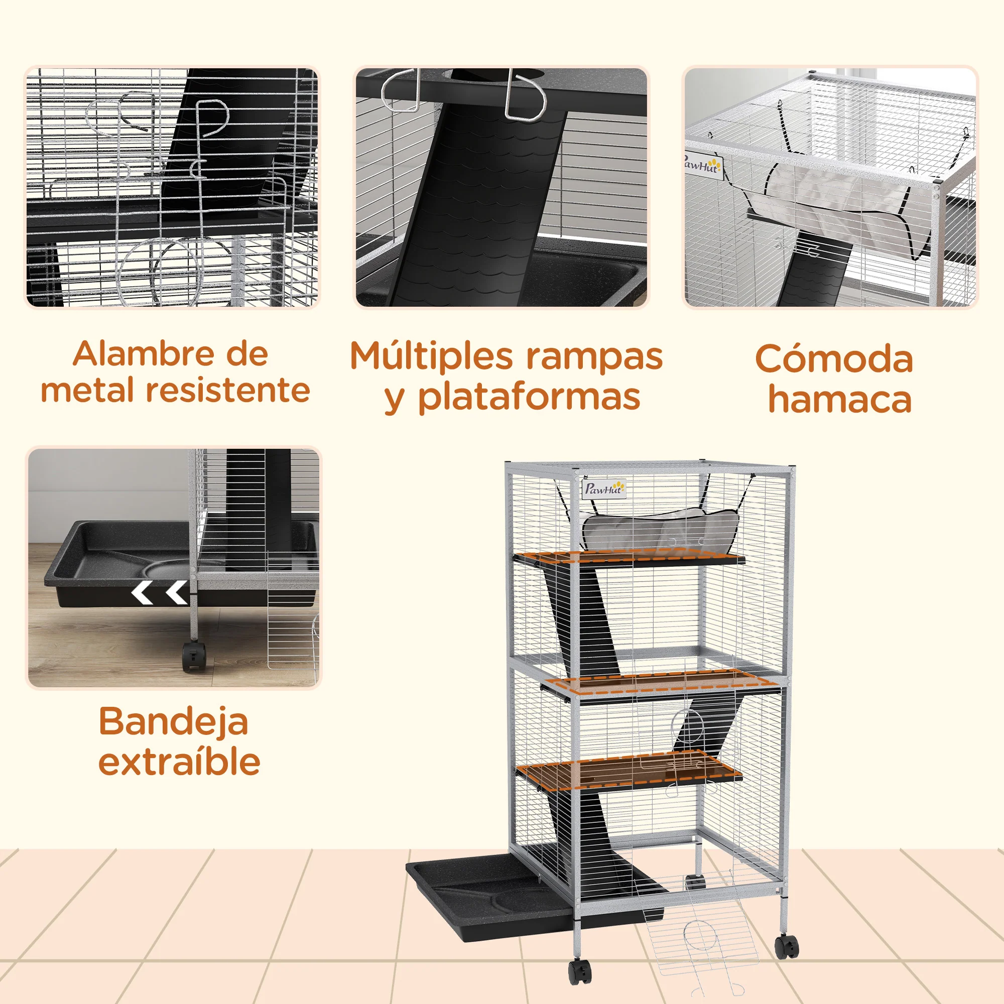 Pawhut Jaula Para Animales Pequeños De 4 Niveles Con Ruedas 52x52x113,5cm Gris - Image 6