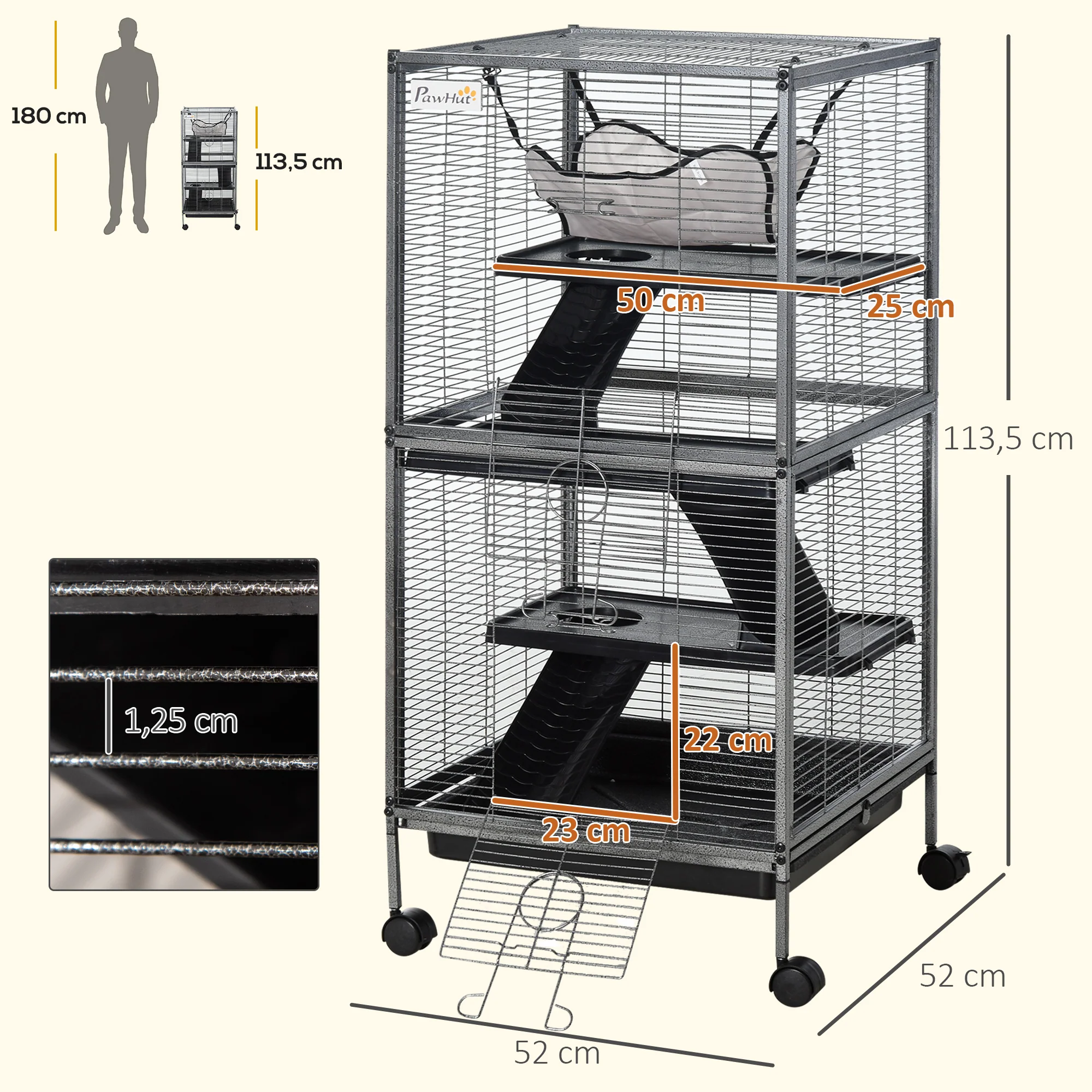 Pawhut Jaula Para Animales Pequeños De 4 Niveles Con Ruedas 52x52x113,5cm Gris - Image 3