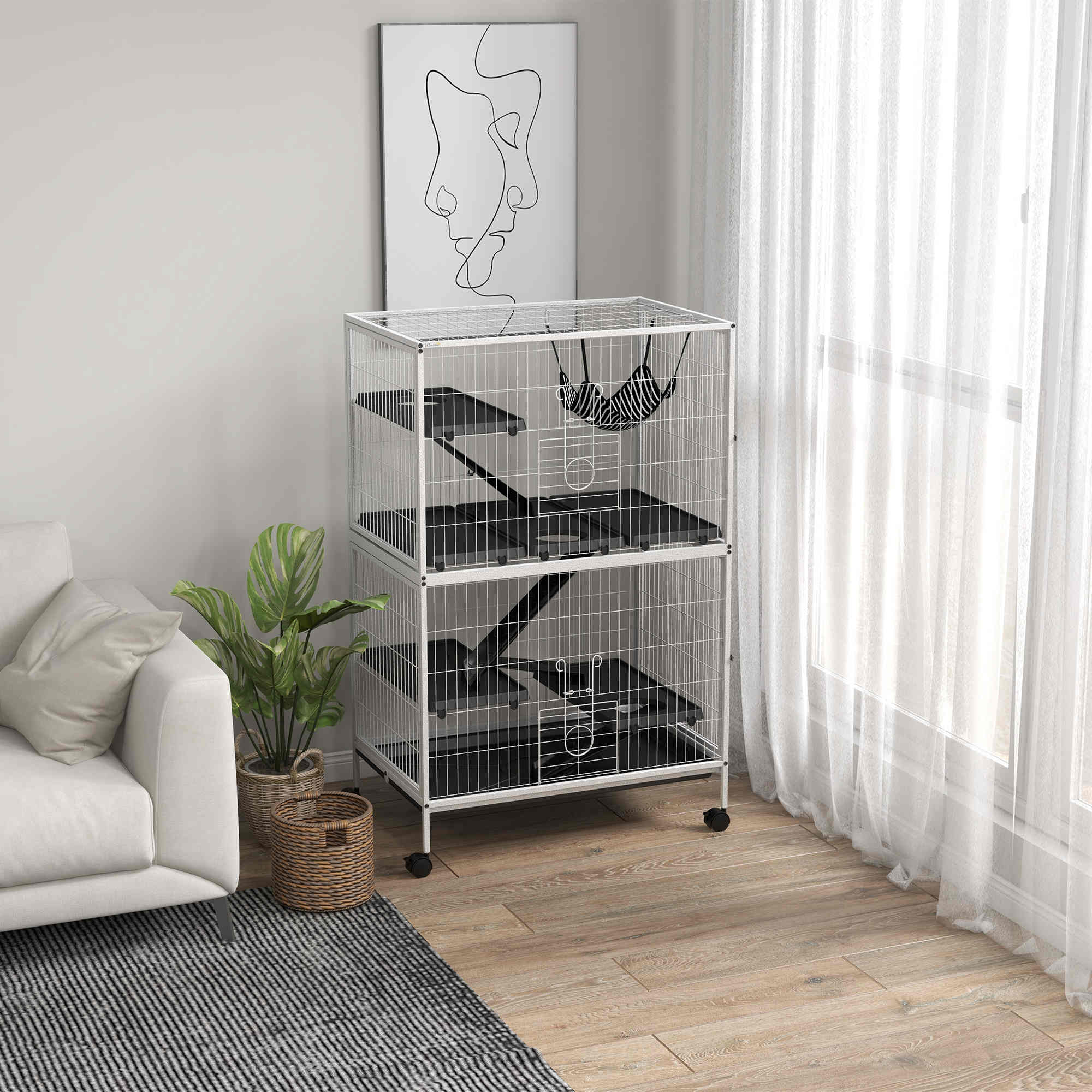 Pawhut Jaula Para Animales Pequeños De 4 Niveles Con Ruedas 80x52x128 Cm Blanco - Image 2