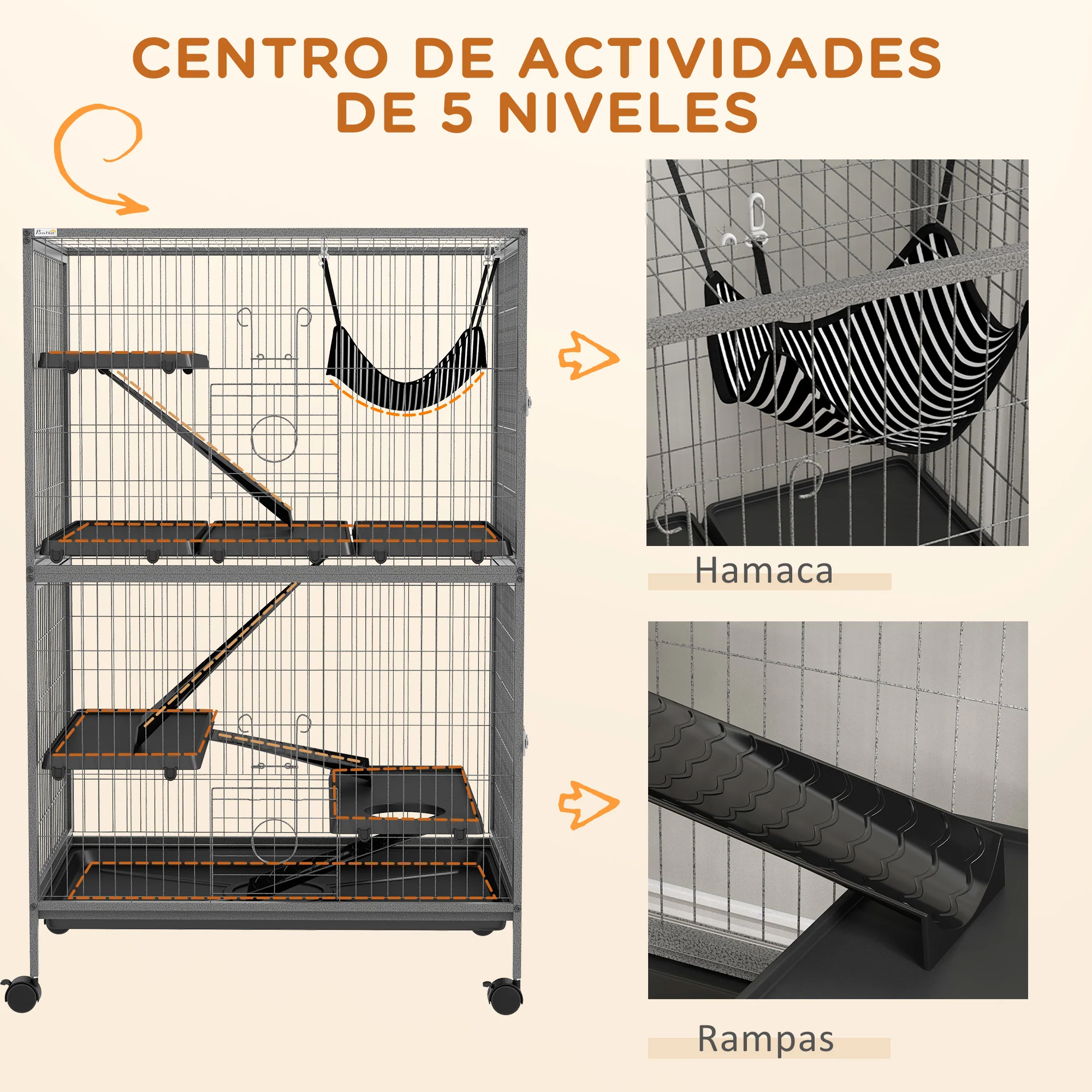 Pawhut Jaula Para Animales Pequeños De 4 Niveles Con Ruedas 80x52x128 Cm Gris - Image 6
