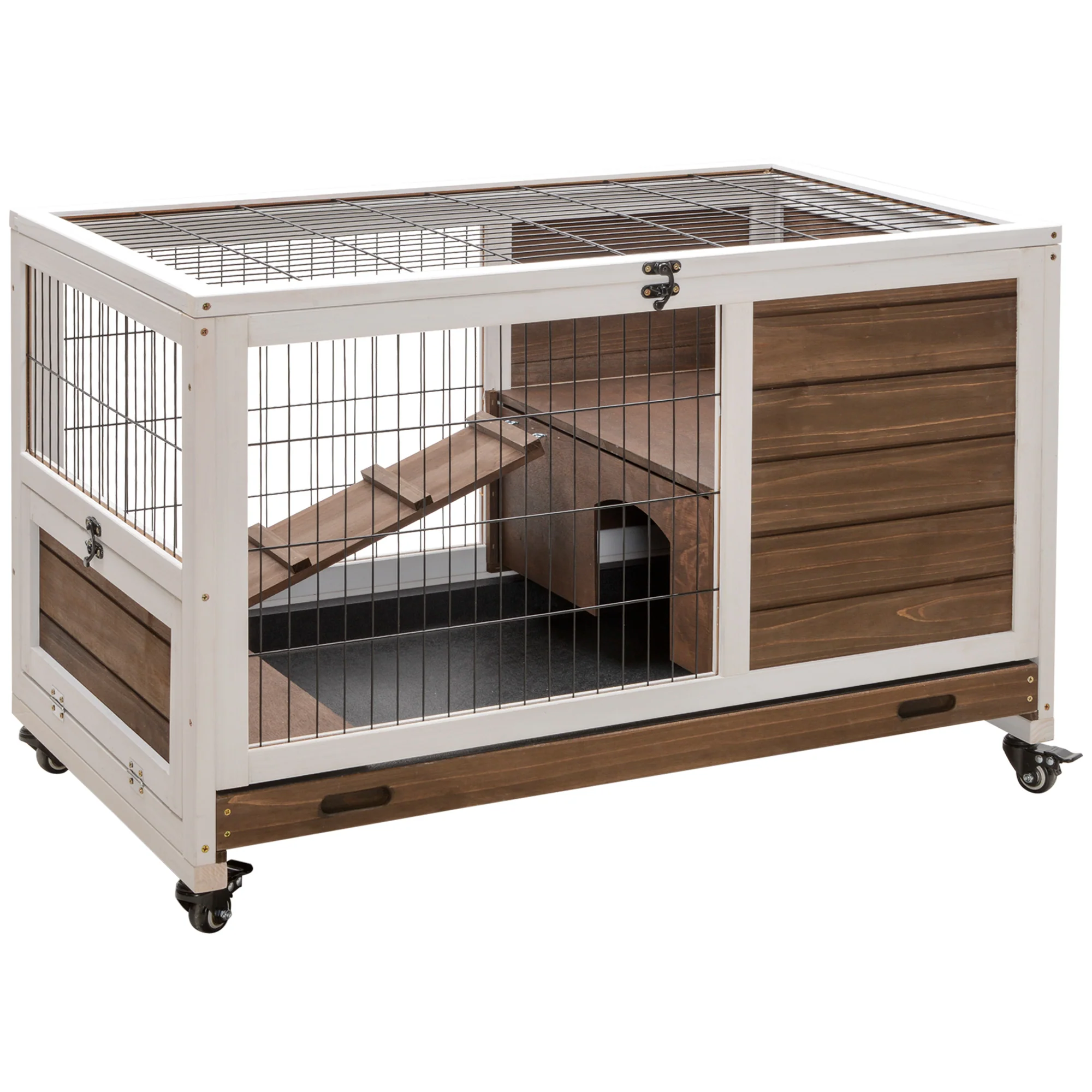 Pawhut Jaula Para Conejos De Madera 90x53x59cm Techo Abrible Rampa Bandeja