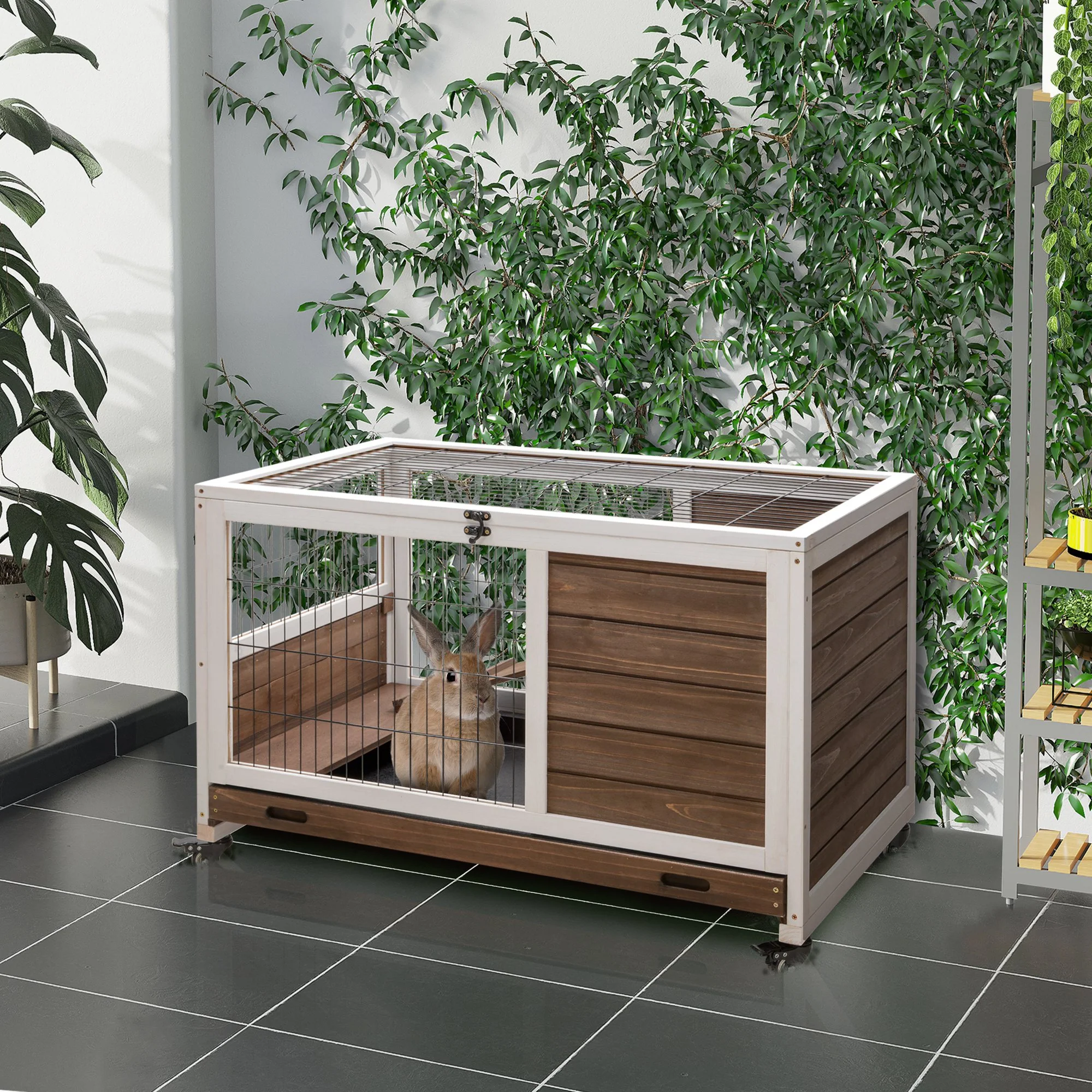 Pawhut Jaula Para Conejos De Madera 90x53x59cm Techo Abrible Rampa Bandeja - Image 2