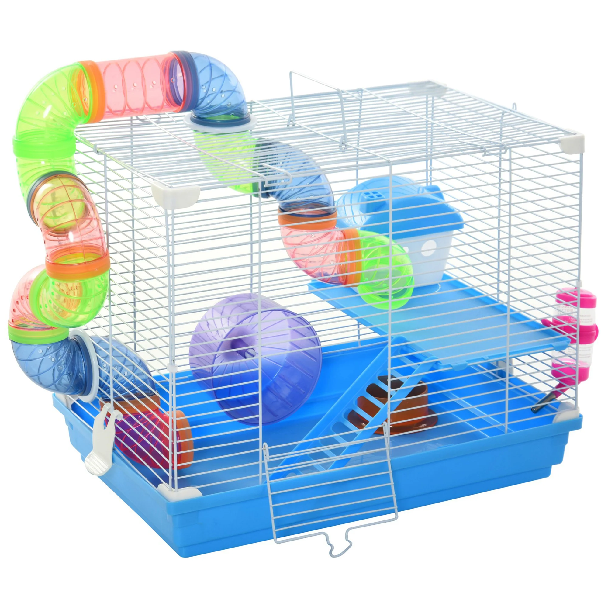 Pawhut Jaula Para Hámster 46x30x37cm Con Tubos Comedero Rampa Rueda De Ejercicio