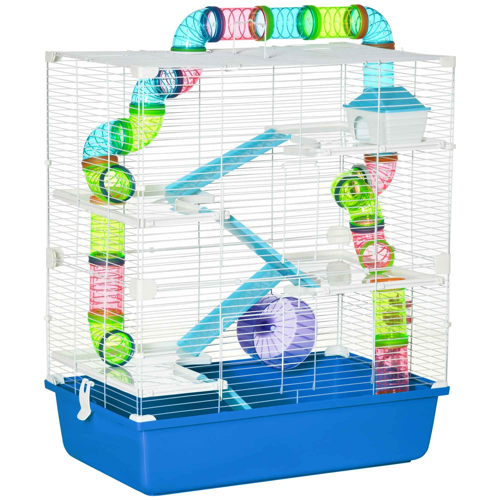 Pawhut Jaula Para Hámster 59x36x69cm Con 4 Plataformas Túnel Comedero Azul
