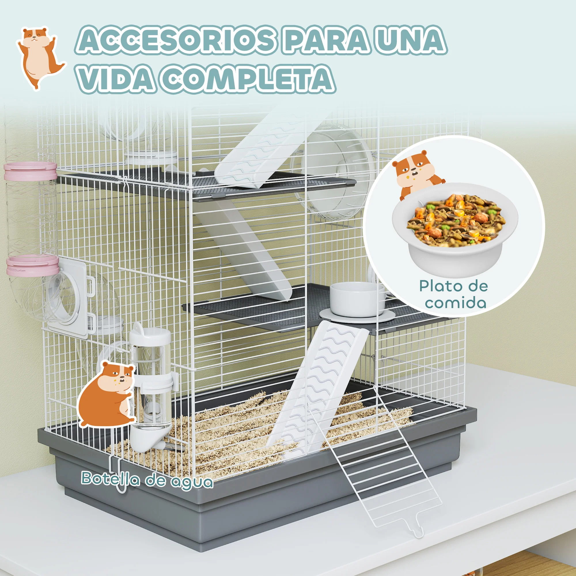 Pawhut Jaula Para Hámster Con Plataformas Rueda Túnel Comedero 47x30x70 Cm Gris - Image 6