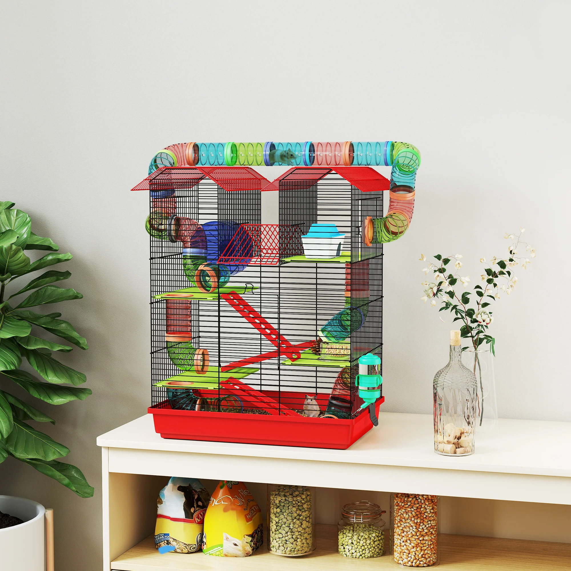 Pawhut Jaula Para Hámster De 5 Niveles 47x30x59 Cm Con Casita Escaleras Rojo - Image 2