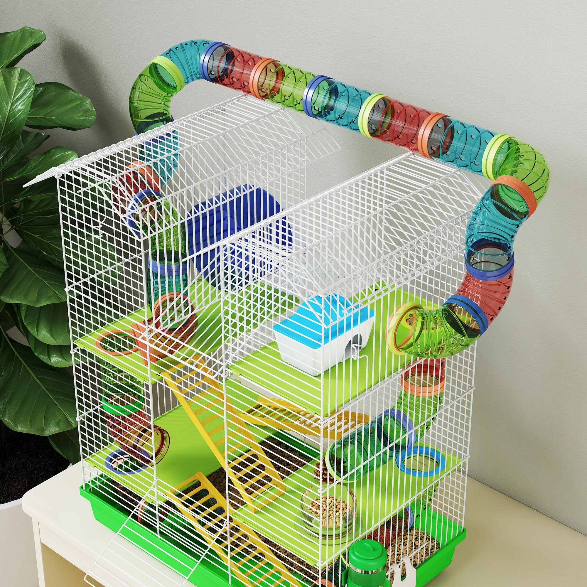 Pawhut Jaula Para Hámster De 5 Niveles 47x30x59 Cm Con Casita Escaleras Verde - Image 4