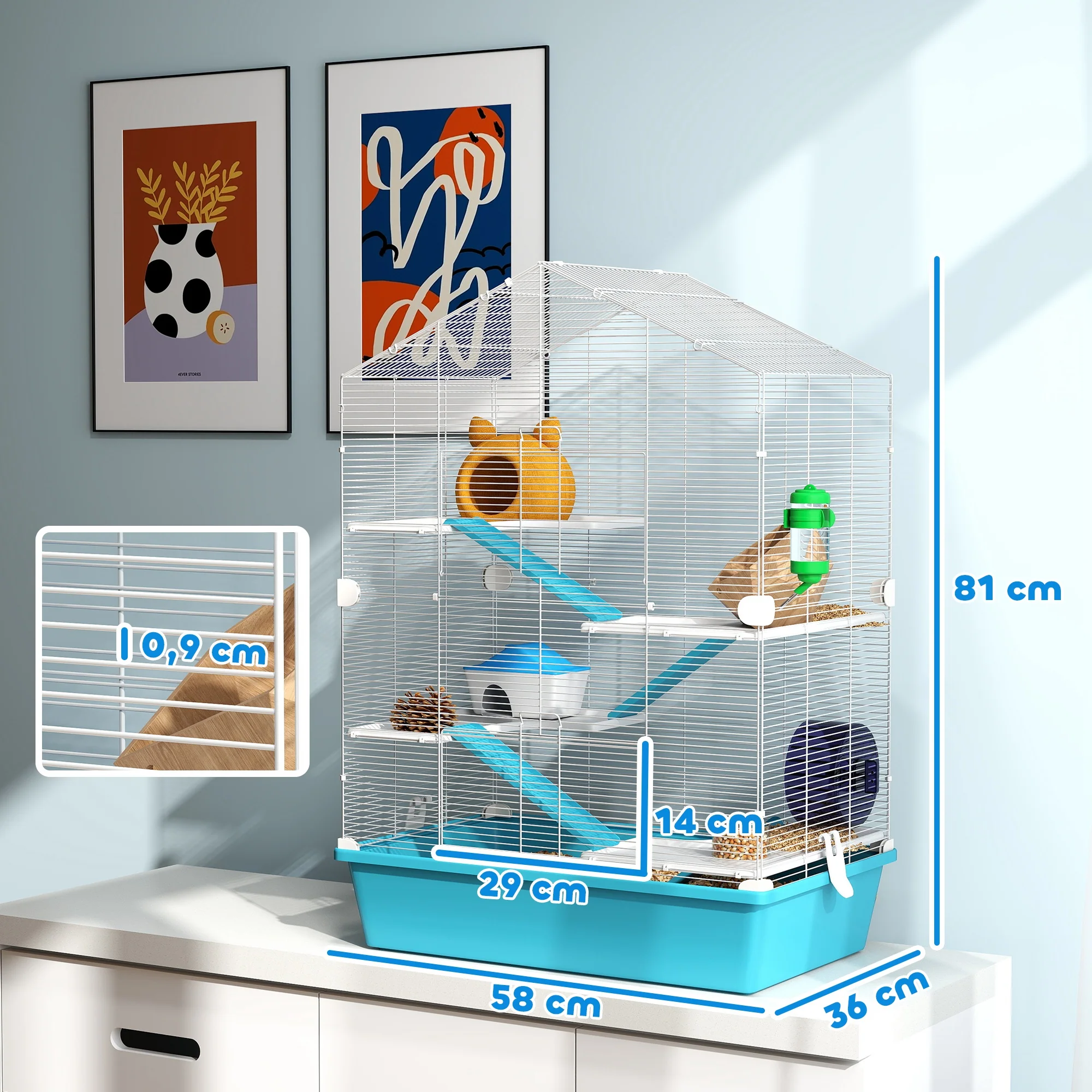 Pawhut Jaula Para Hámster De 5 Niveles Con Plataformas 58x36x81 Cm Azul Claro - Image 3