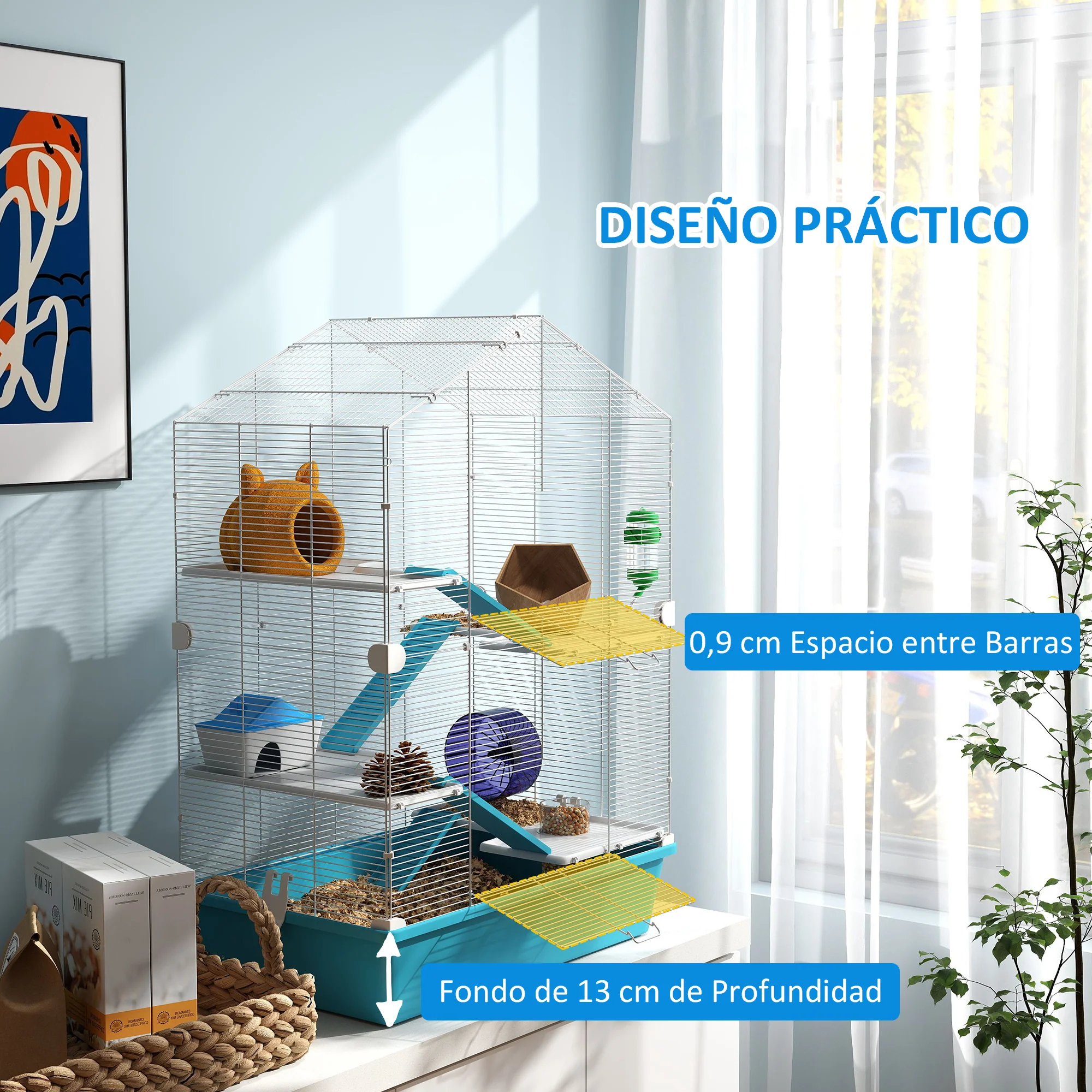 Pawhut Jaula Para Hámster De 5 Niveles Con Plataformas 58x36x81 Cm Azul Claro - Image 6