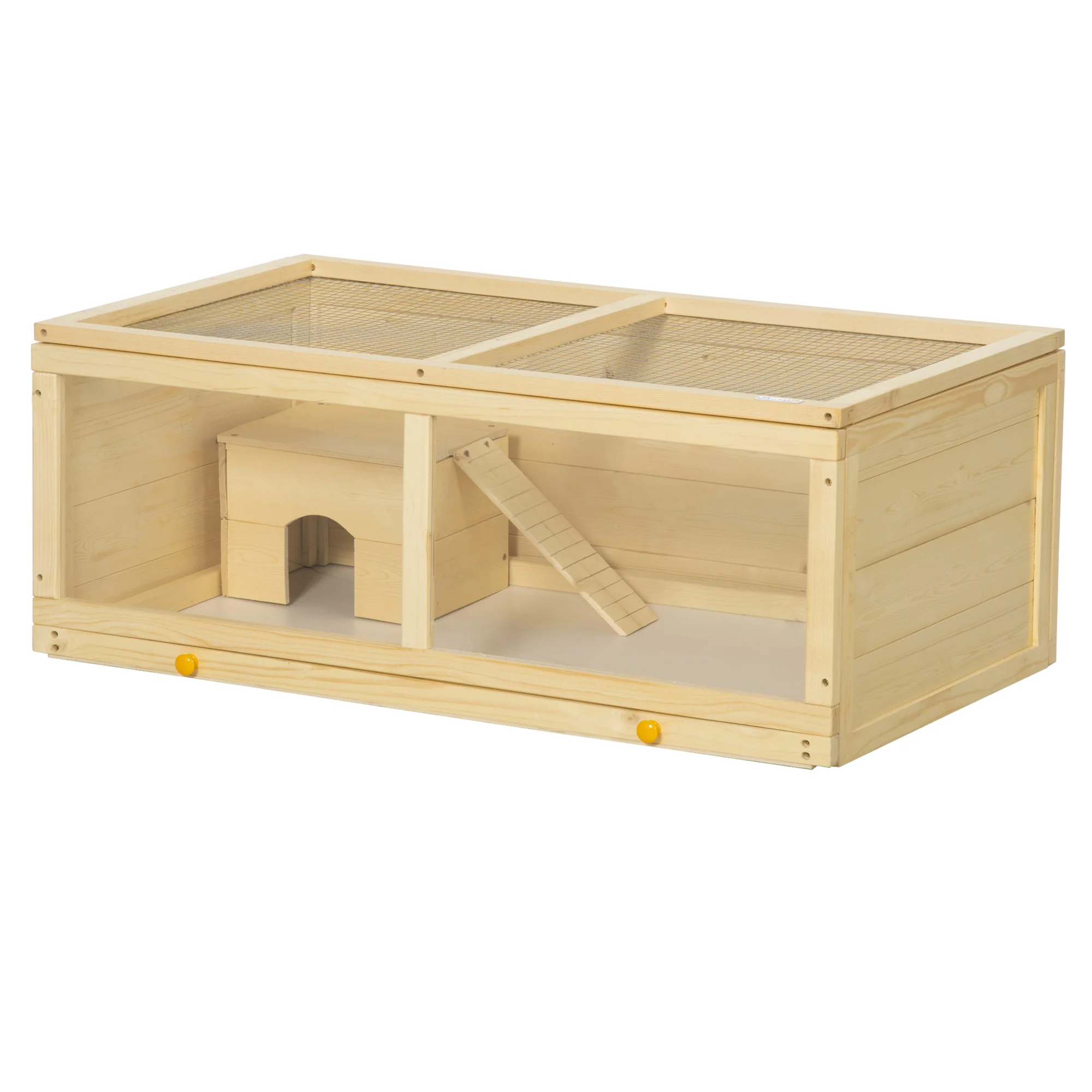 Pawhut Jaula Para Hámster De Madera 100x58x38 Cm Con Tapa Abatible Natural