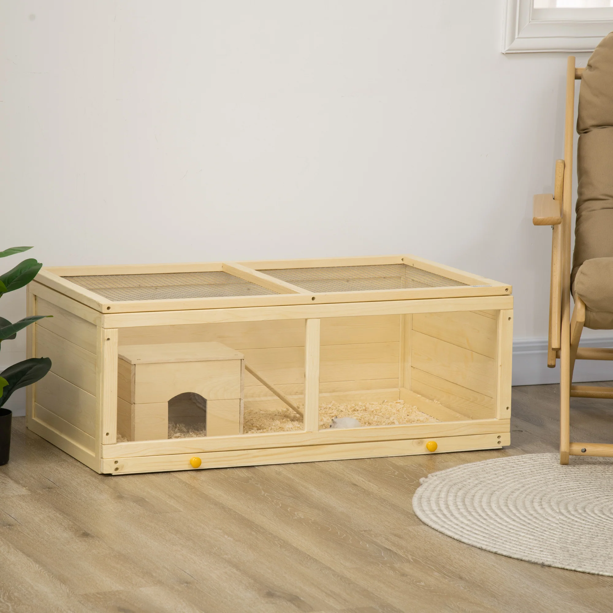 Pawhut Jaula Para Hámster De Madera 100x58x38 Cm Con Tapa Abatible Natural - Image 2