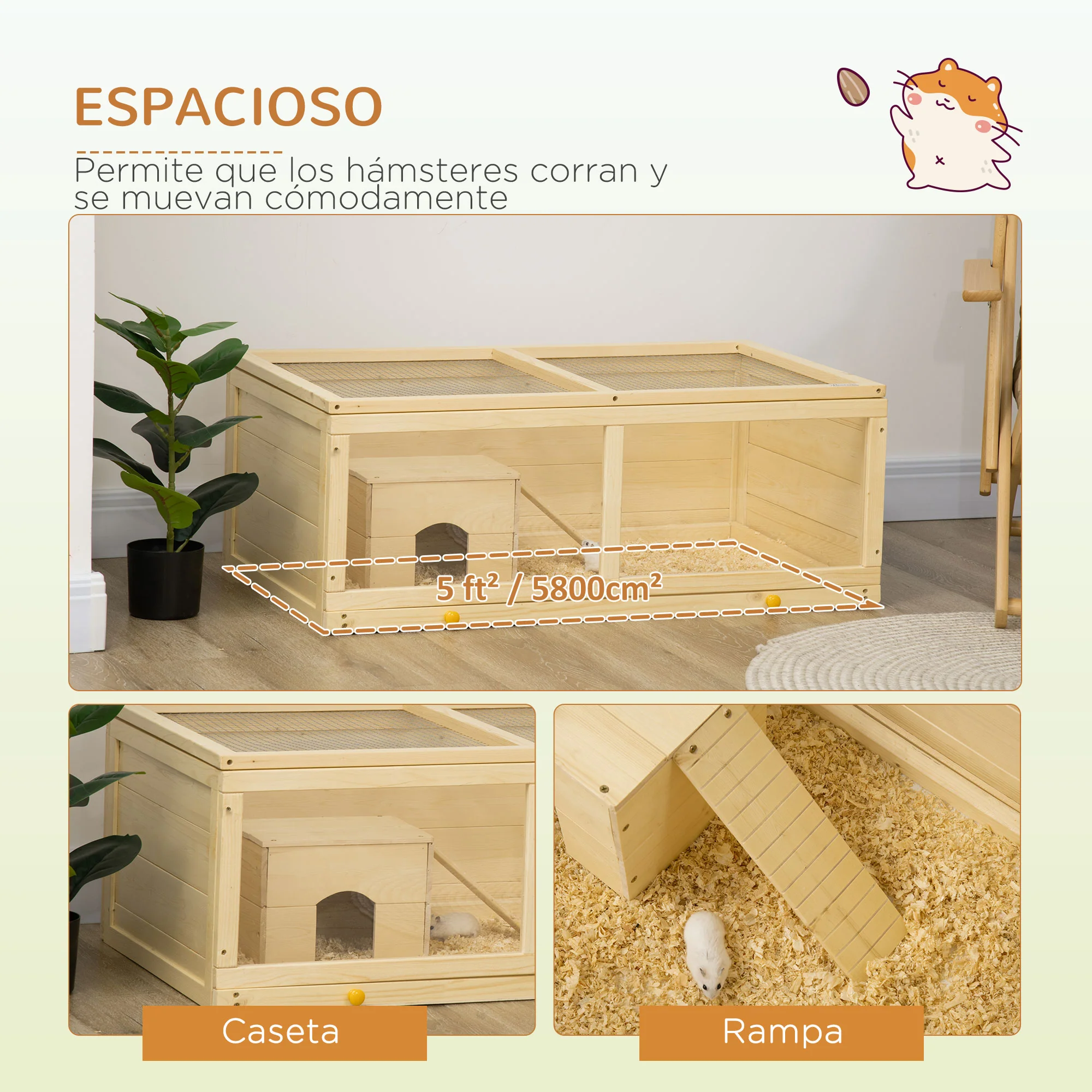 Pawhut Jaula Para Hámster De Madera 100x58x38 Cm Con Tapa Abatible Natural - Image 4