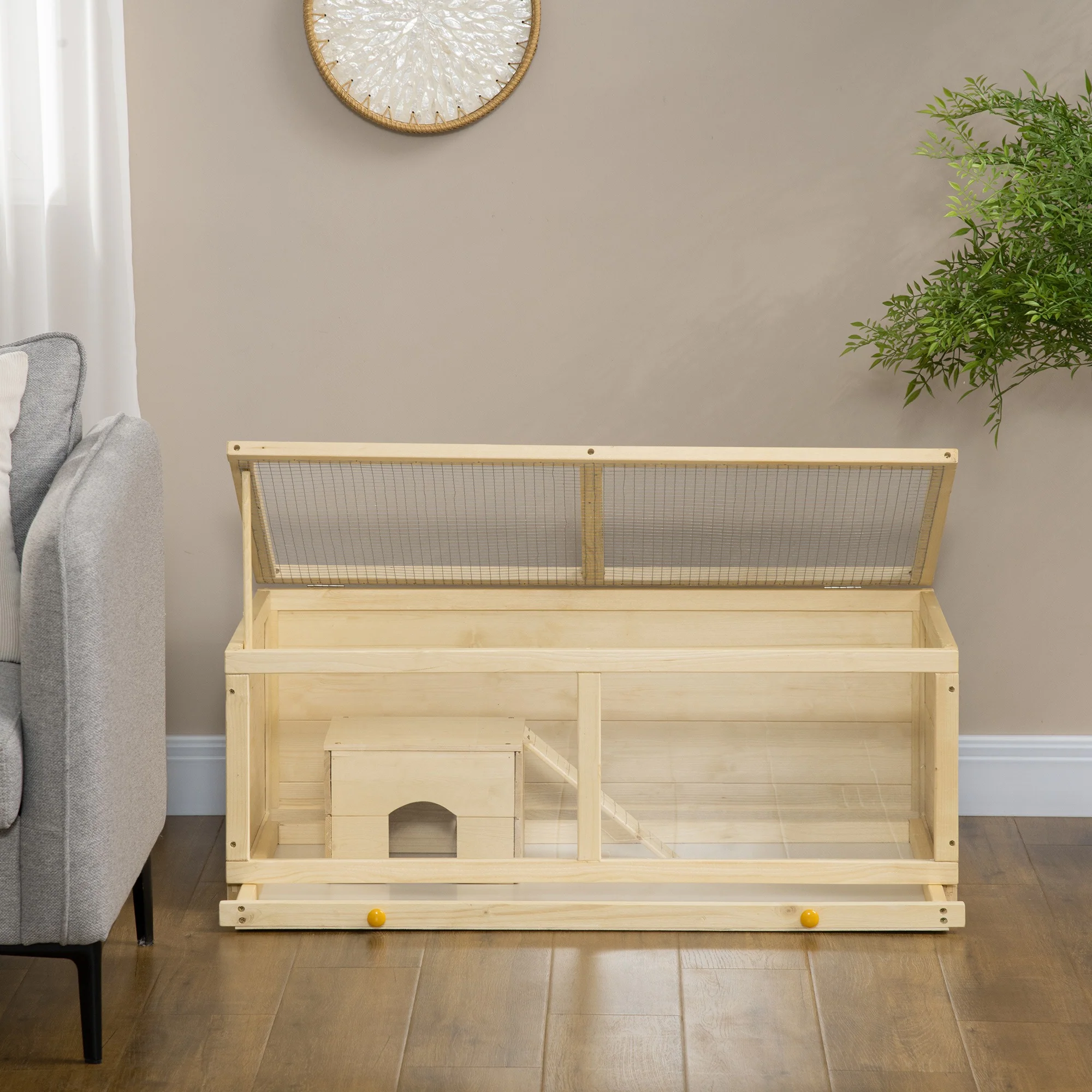 Pawhut Jaula Para Hámster De Madera 100x58x38 Cm Con Tapa Abatible Natural - Image 5